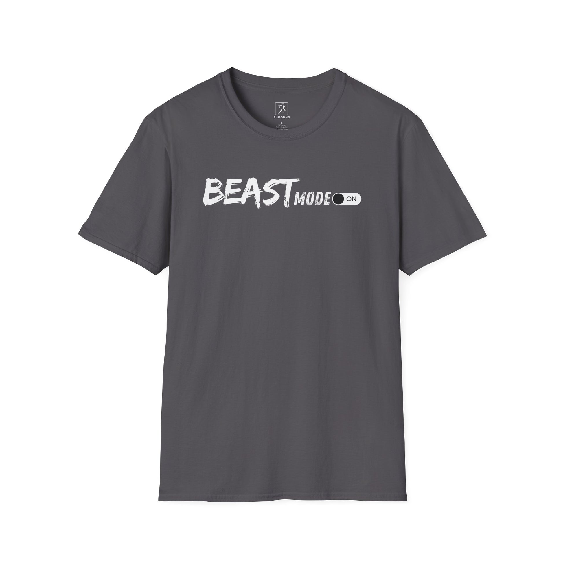 Dark gray gym shirt with white "Beast Mode" print – durable and flexible fit for training