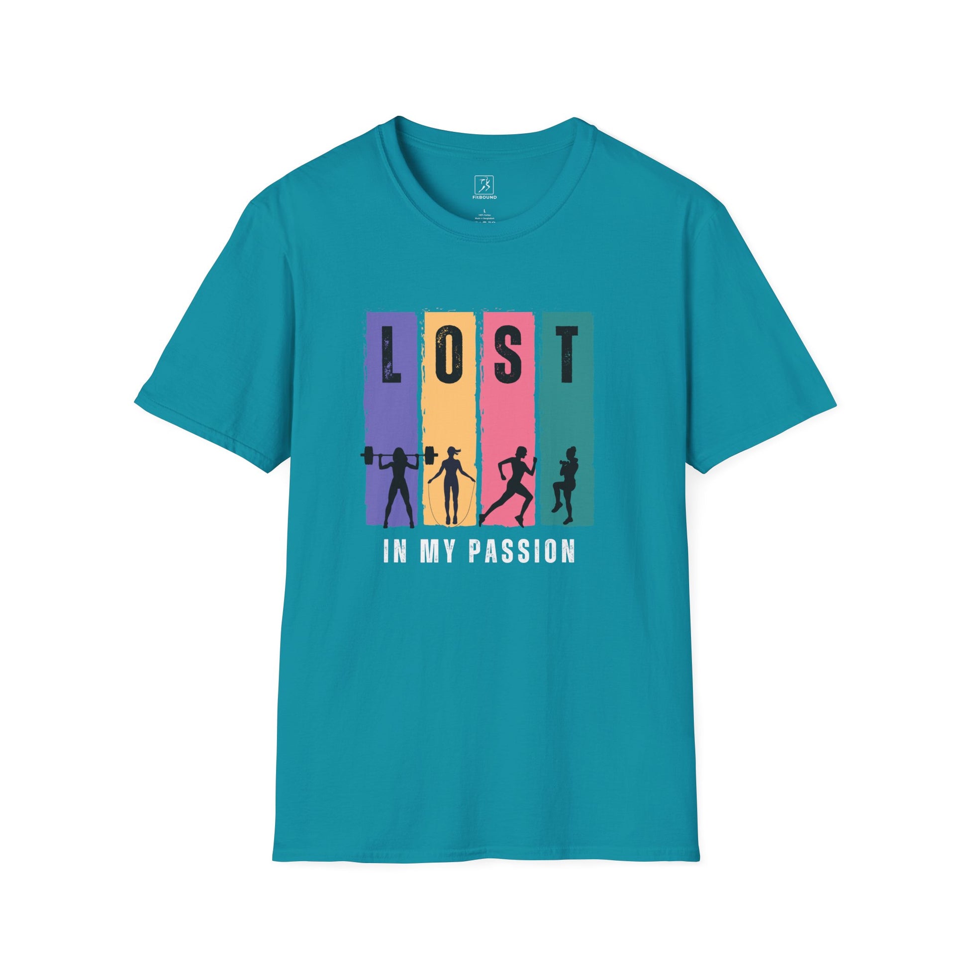 Turquoise Lost in My Passion t-shirt, vibrant motivational workout tee for active lifestyle