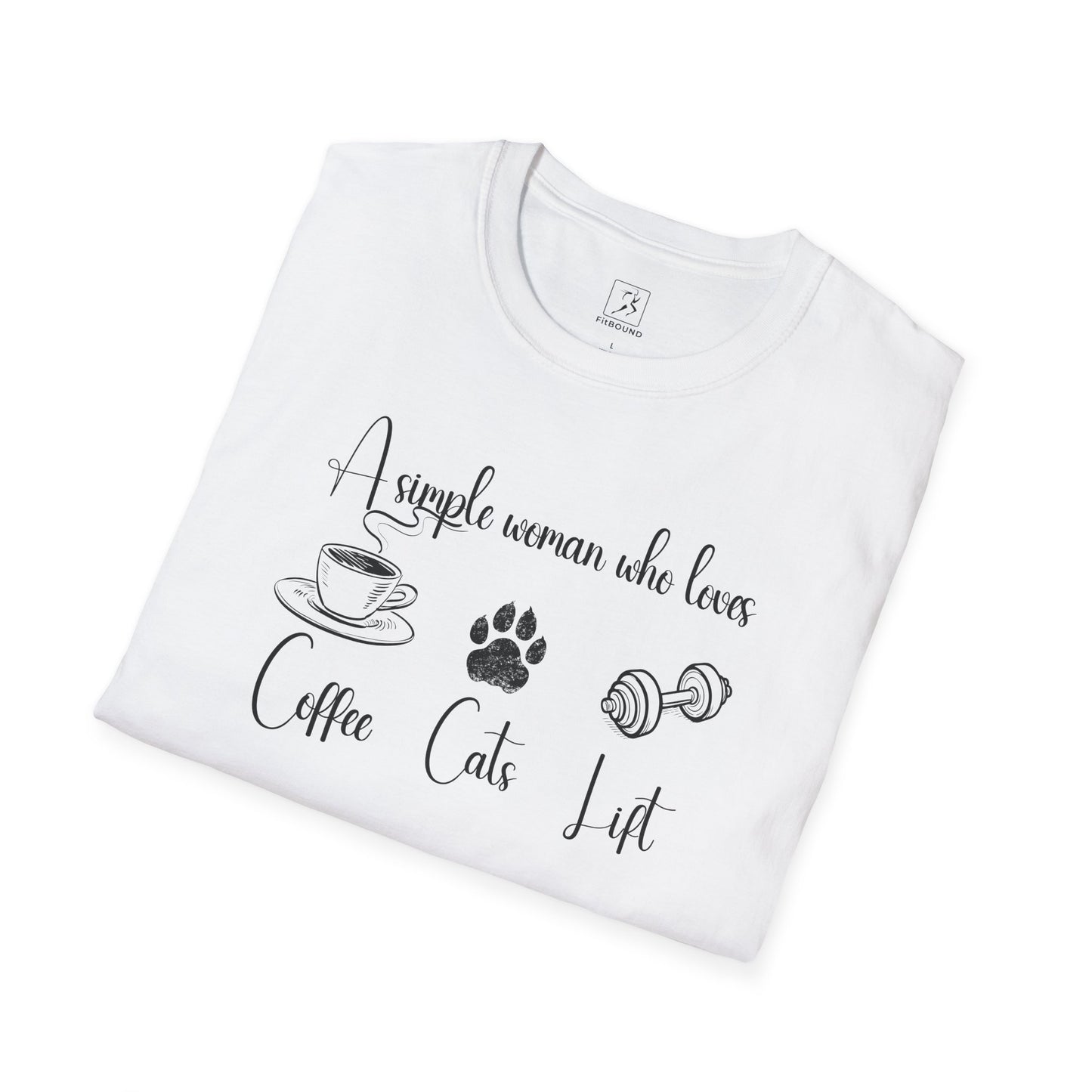 Folded FitBOUND T-shirt with sizing chart – visual guide for coffee, cats & lift design in various sizes