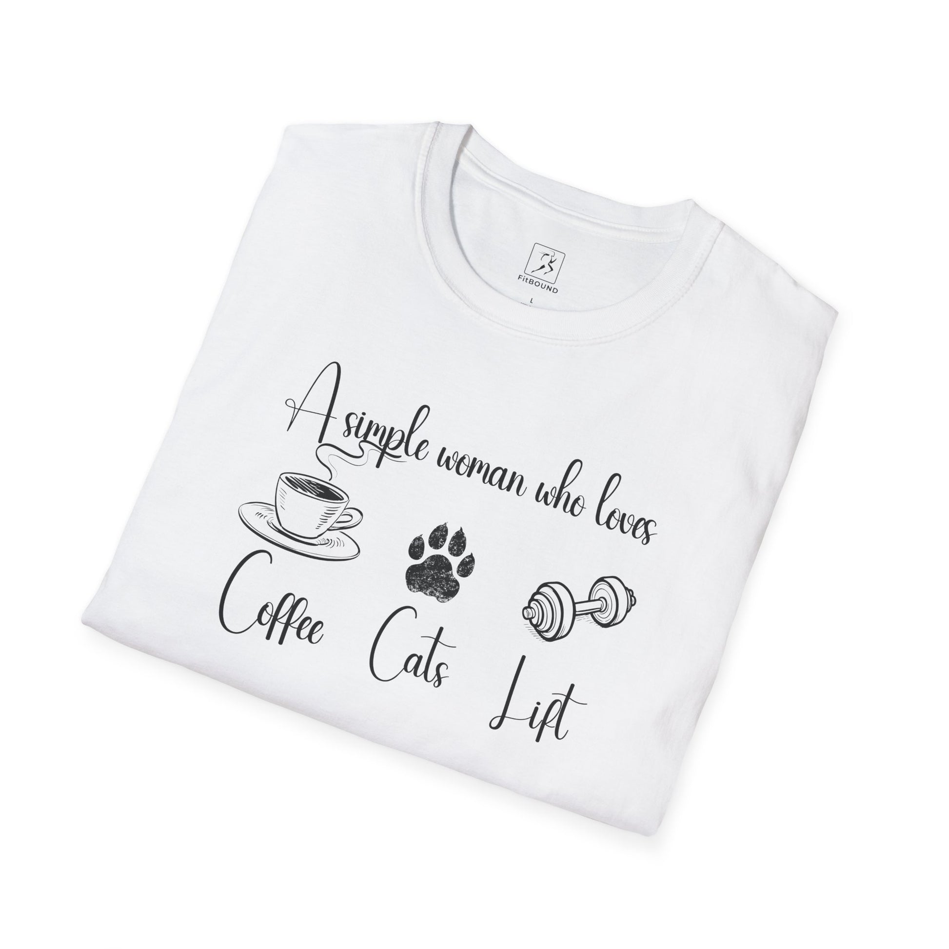 Folded FitBOUND T-shirt with sizing chart – visual guide for coffee, cats & lift design in various sizes