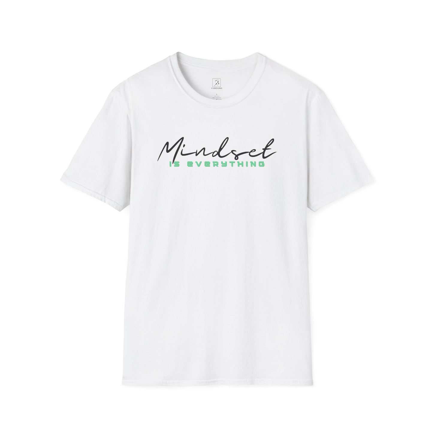 Flat lay white Mindset Is Everything T-Shirt – motivational gym apparel.