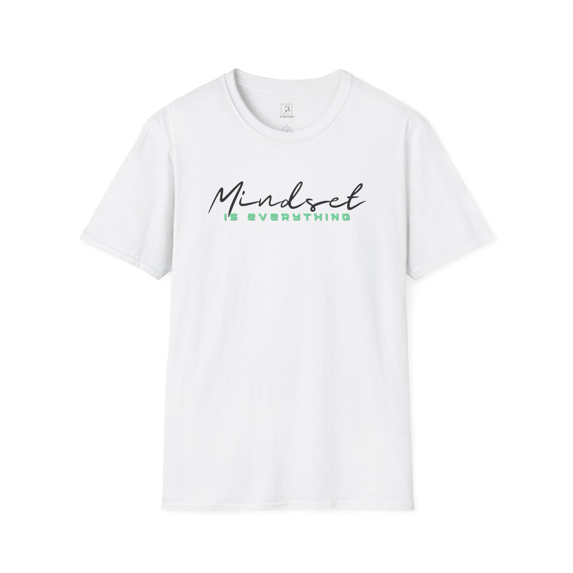 Flat lay white Mindset Is Everything T-Shirt – motivational gym apparel.