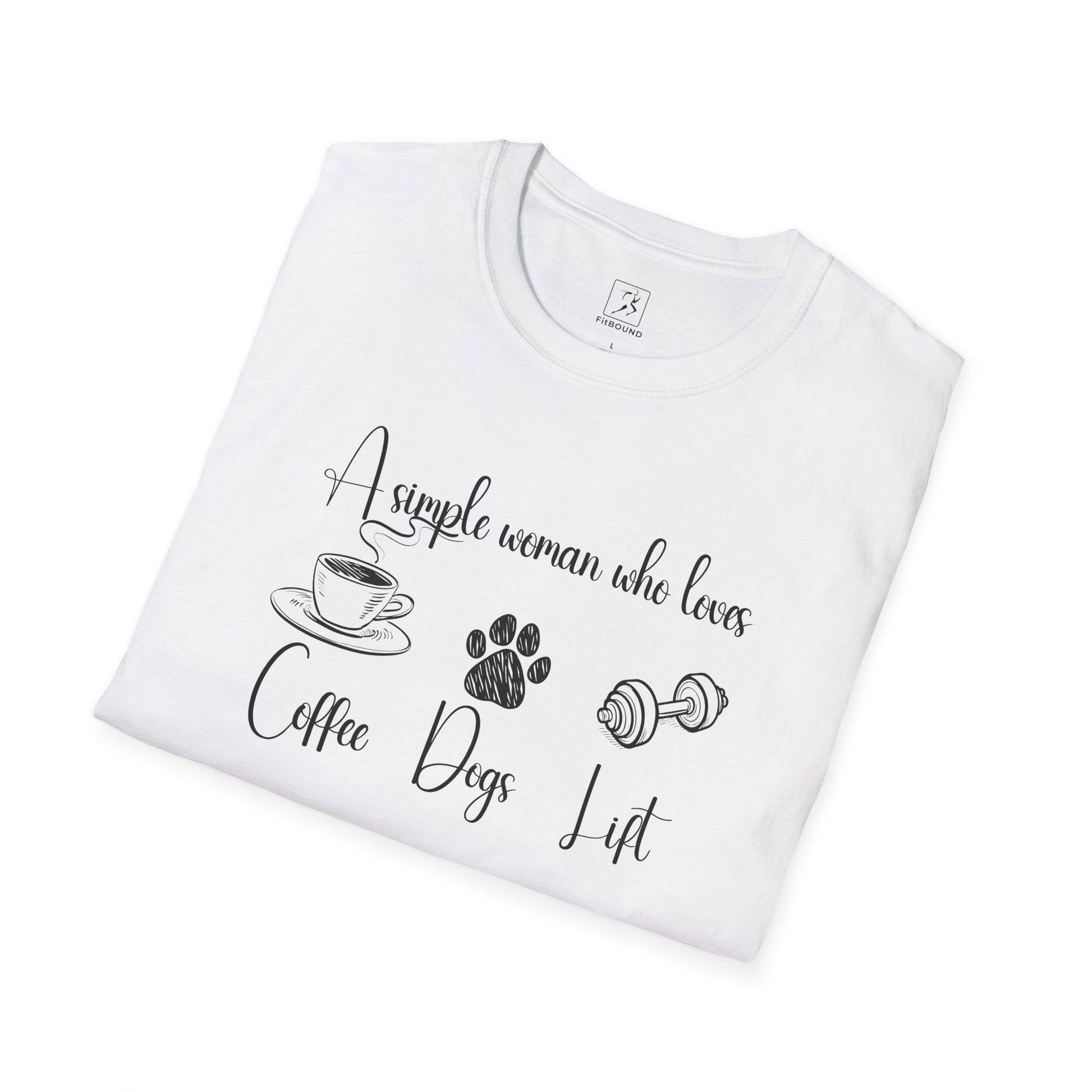 White “coffee, dogs, lift” t-shirt folded at an angle – gym gift idea for fitness women and dog owners