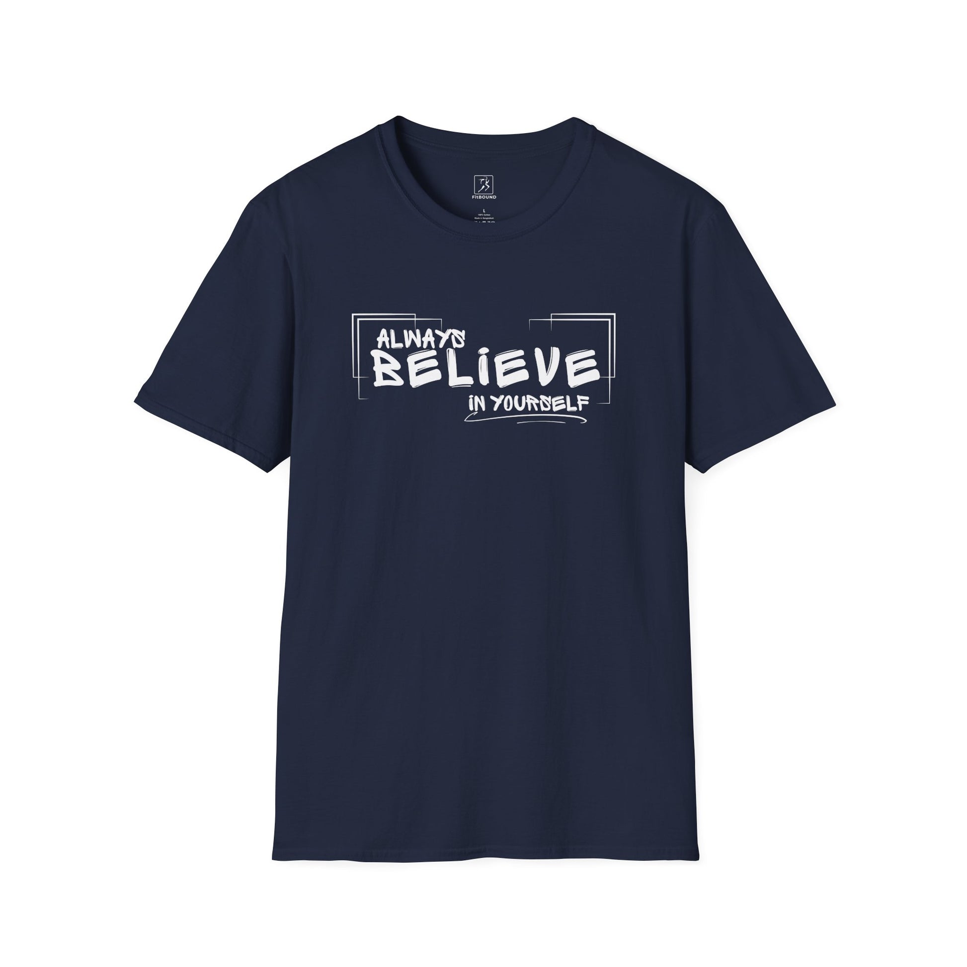 Navy “Always Believe In Yourself” T-shirt – flat lay, front view