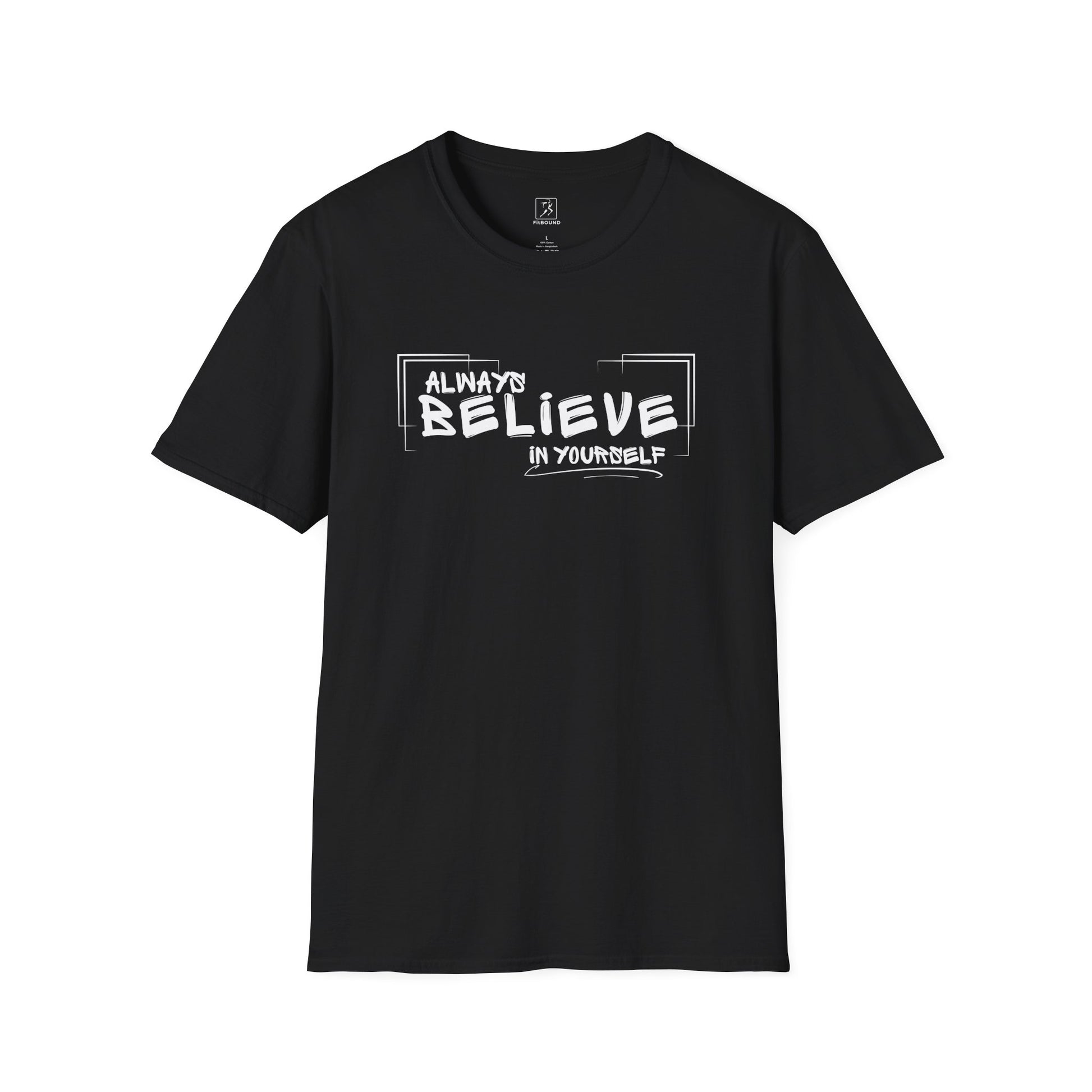 Black “Always Believe In Yourself” T-shirt – flat lay, front view