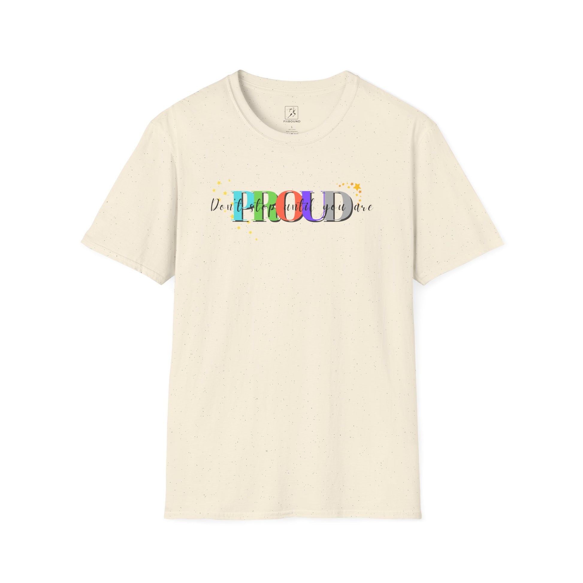 Soft beige motivational gym shirt with "Train Until You're Proud" message – breathable fabric for fitness lovers