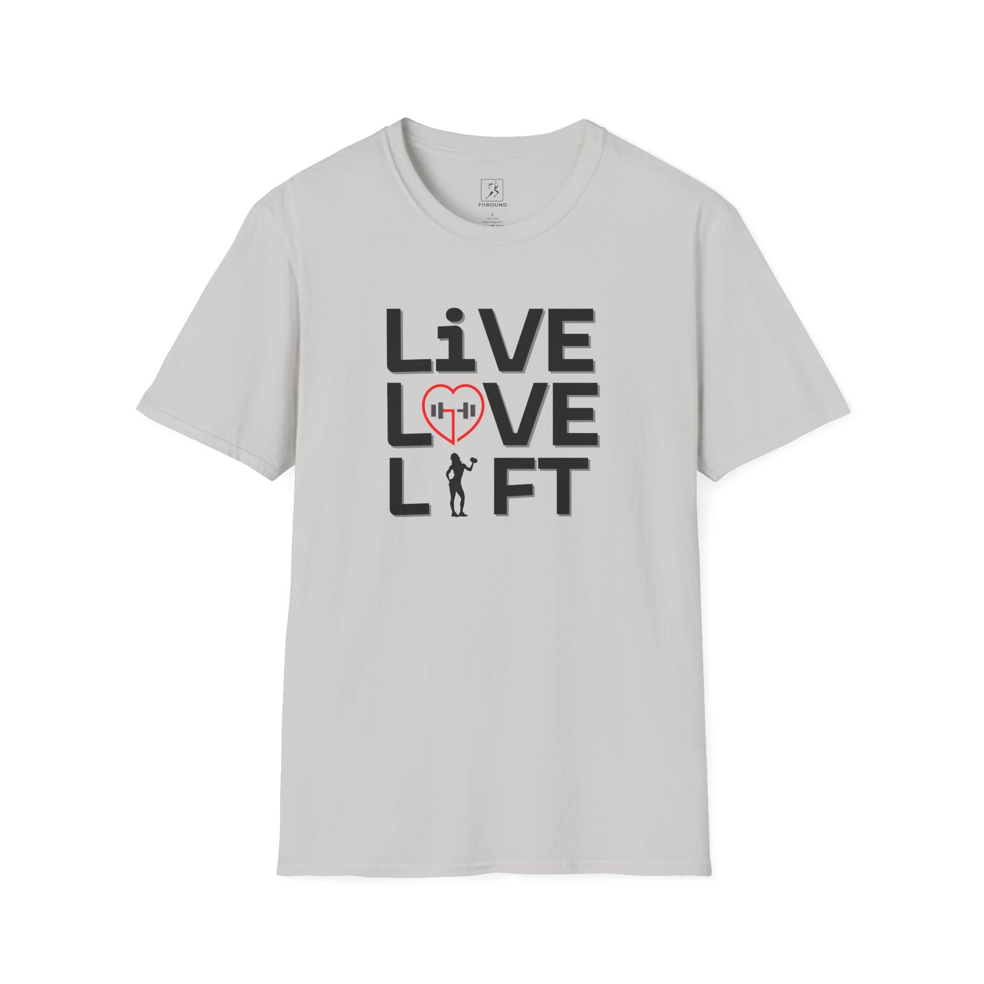 Light gray gym shirt with "Live Love Lift" design – breathable cotton blend for everyday training