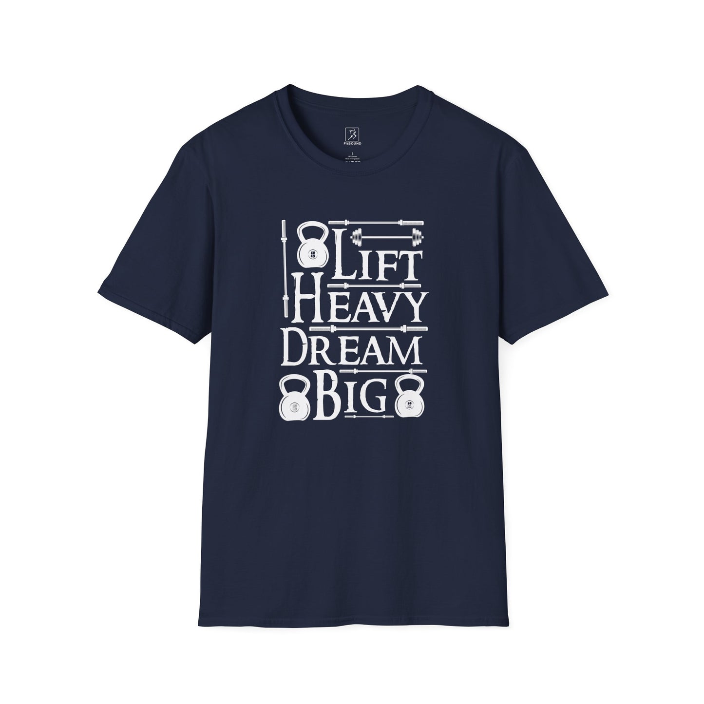 Flat lay navy blue Lift Heavy Dream Big motivational tee.