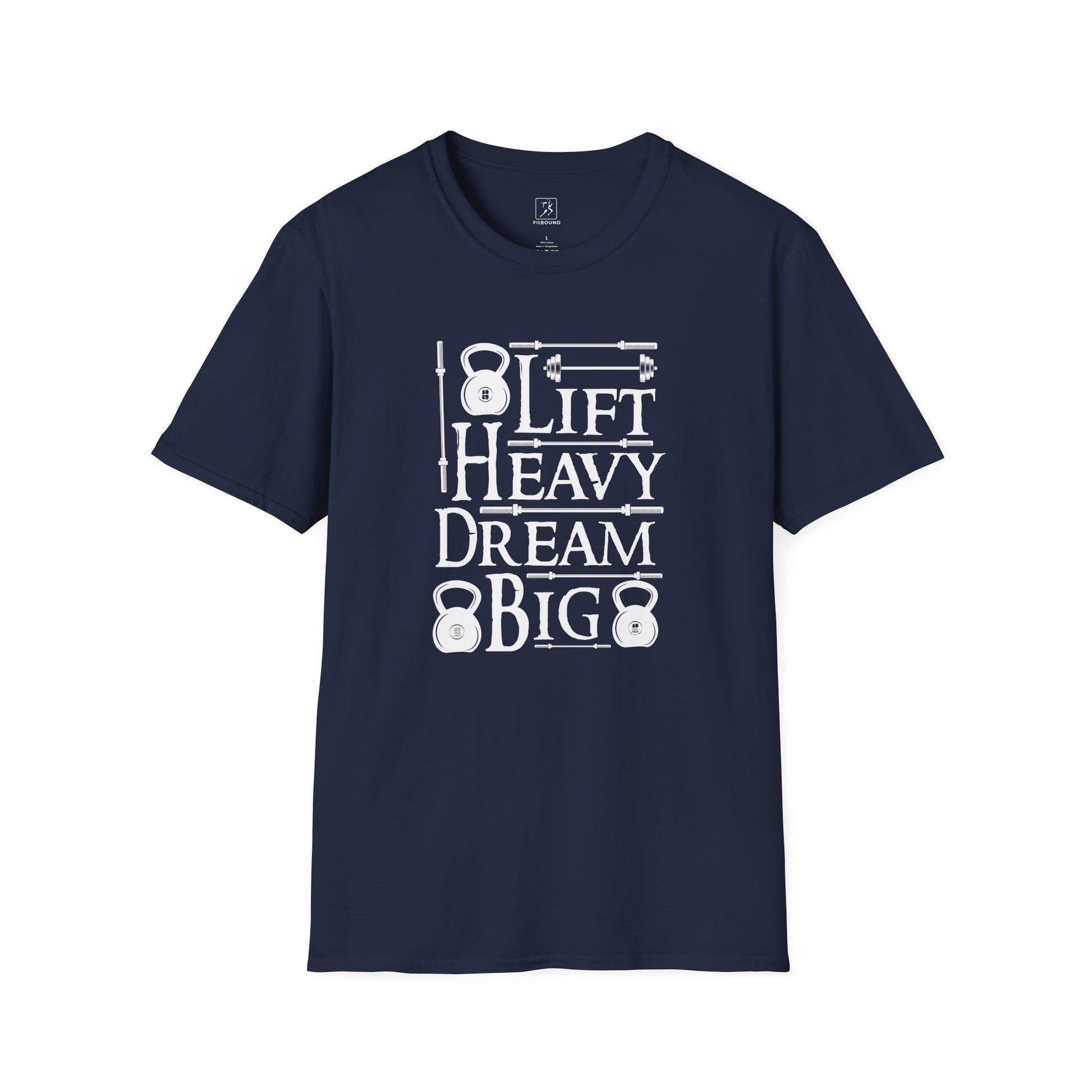 Flat lay navy blue Lift Heavy Dream Big motivational tee.