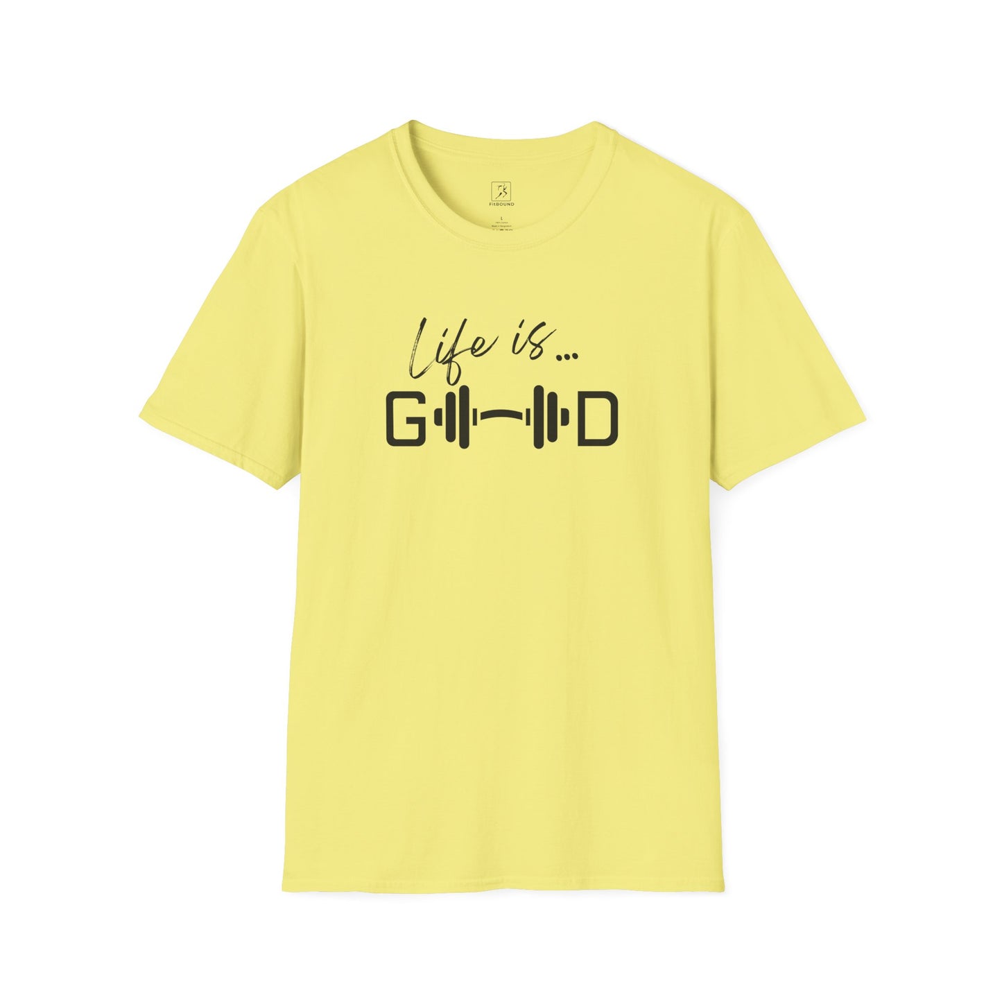 Yellow fitness t-shirt with motivational text “Life is Good” and barbell graphic.
