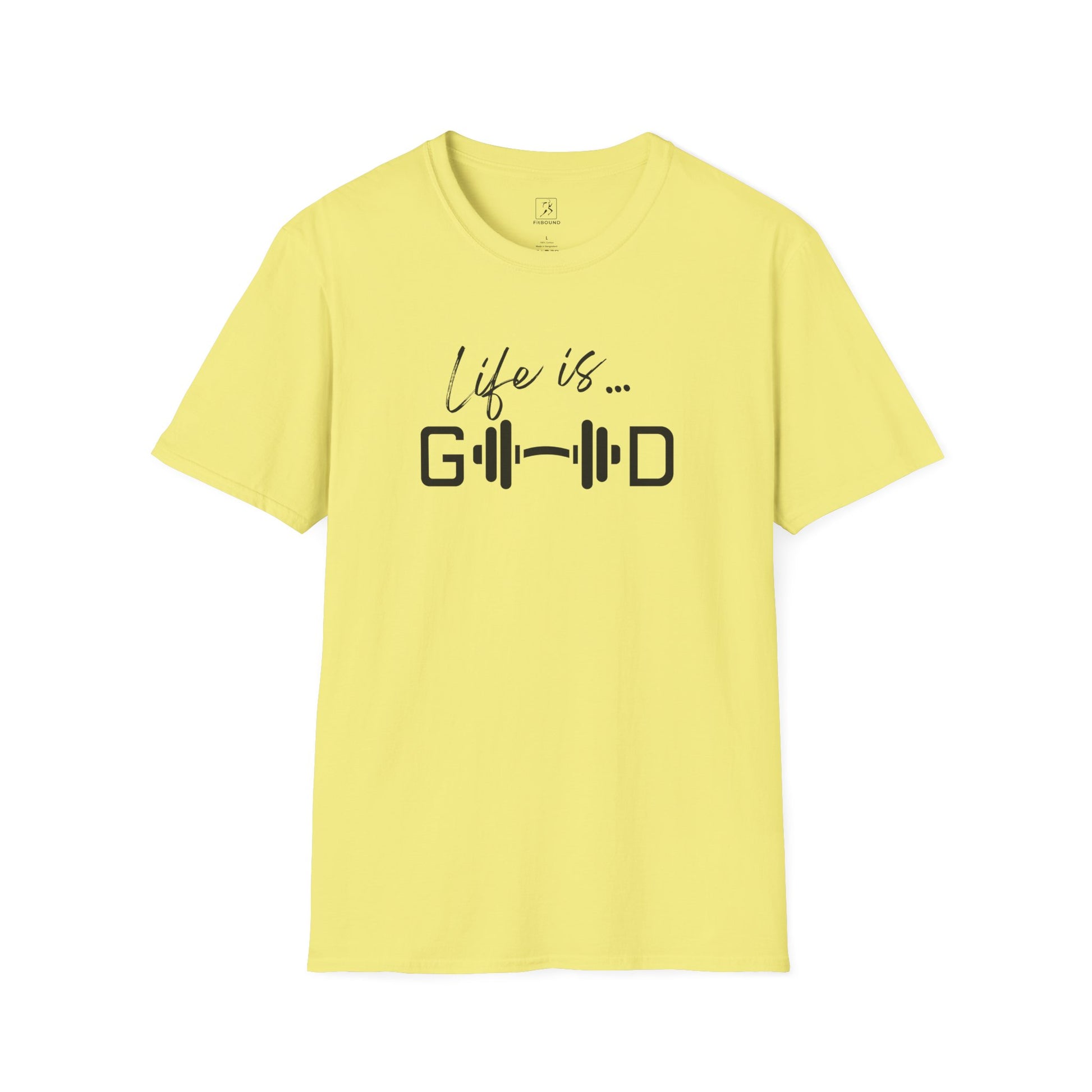 Yellow fitness t-shirt with motivational text “Life is Good” and barbell graphic.
