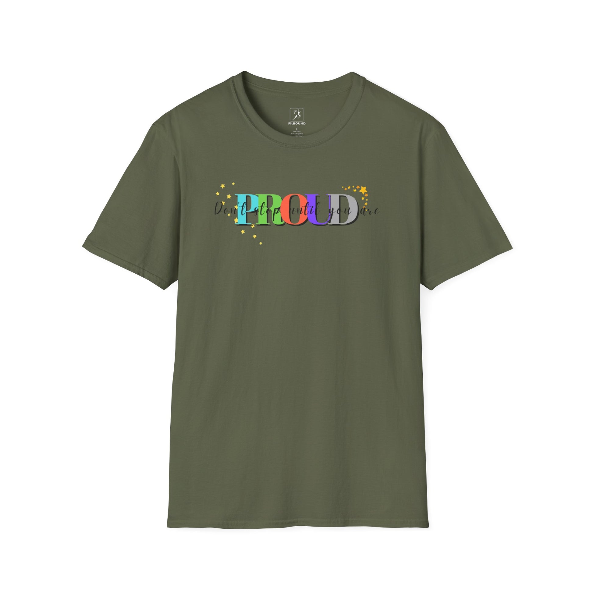 Olive green fitness shirt with colorful "Train Until You're Proud" text – perfect for strength training or cardio