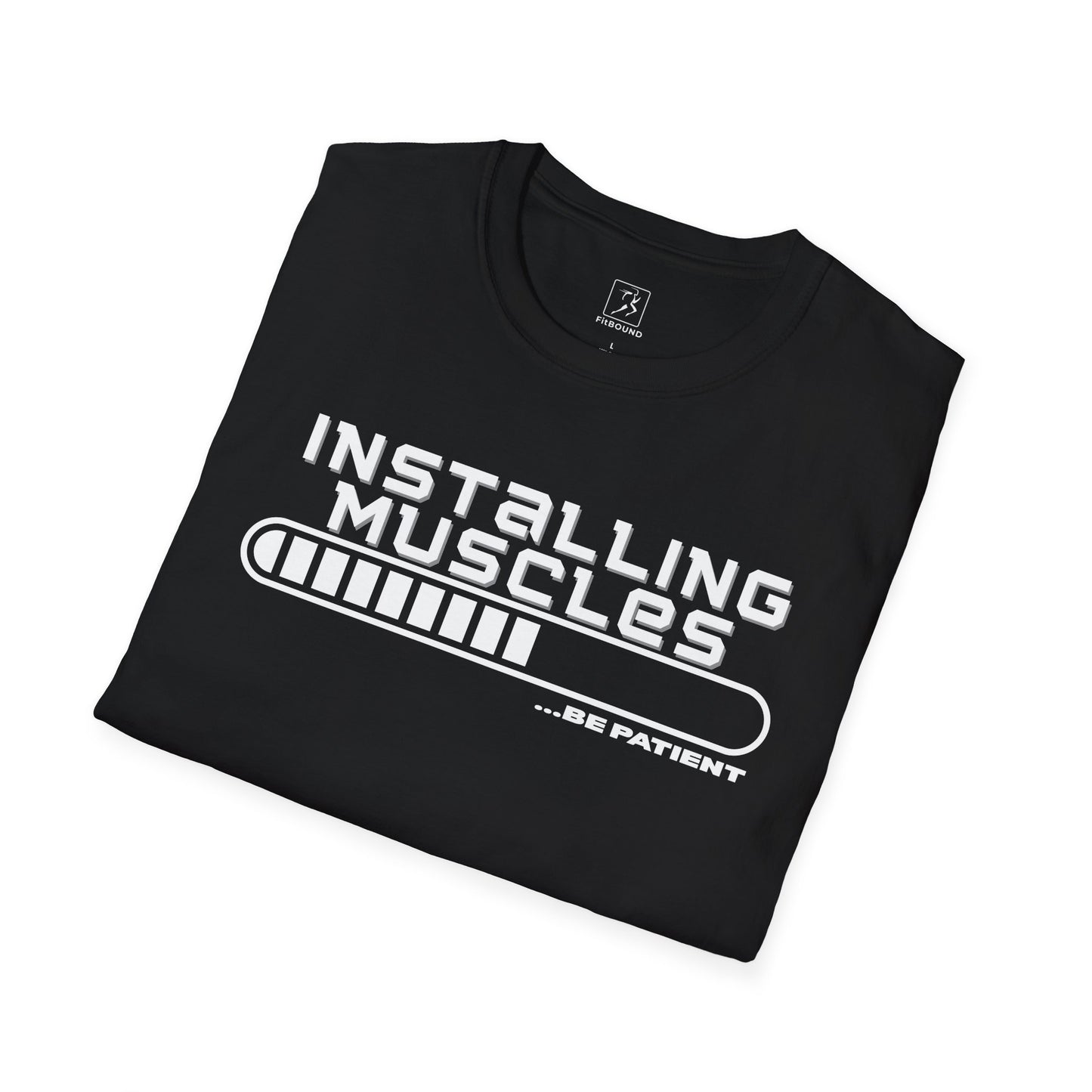 Black “Installing Muscles” shirt displayed flat – bold gym message tee