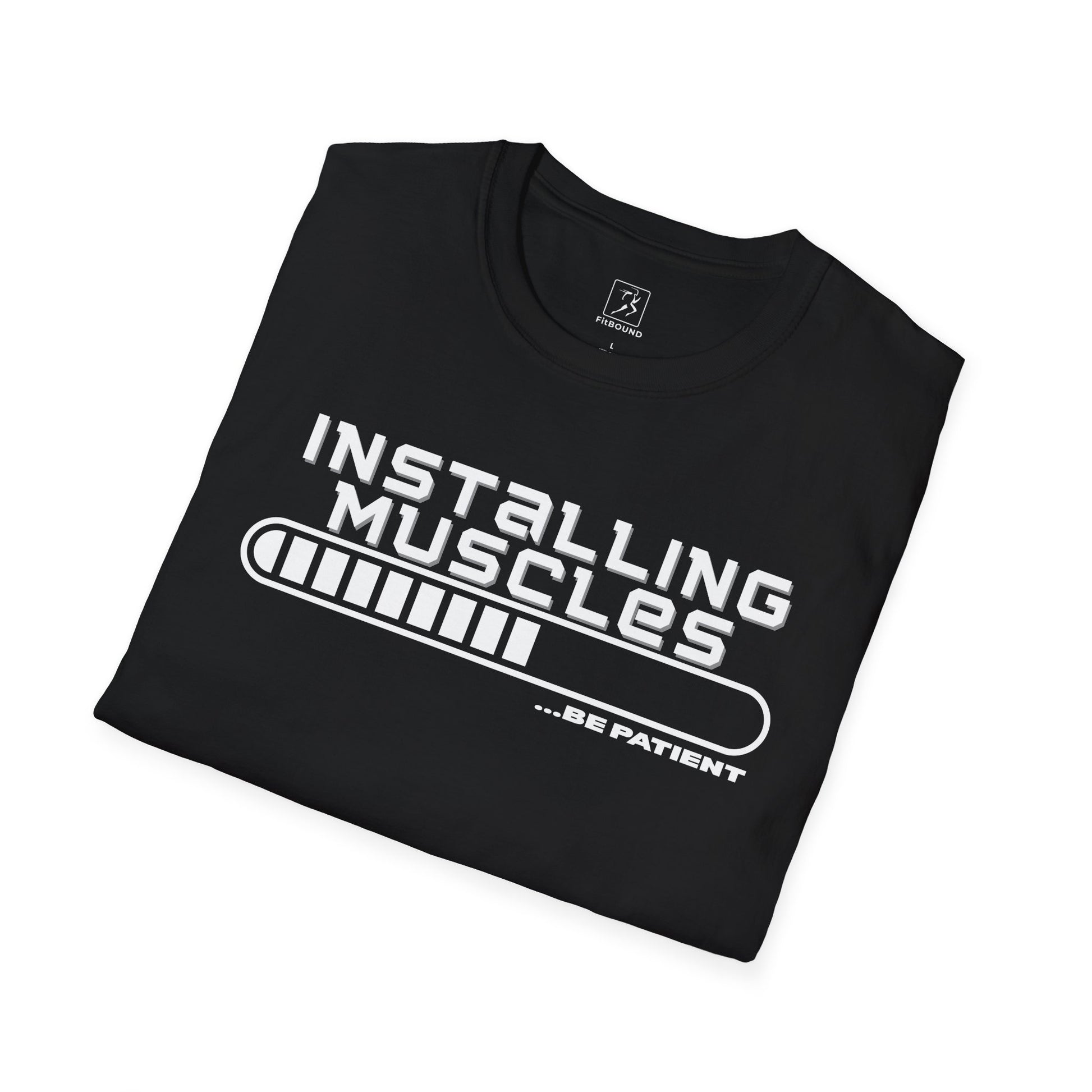 Black “Installing Muscles” shirt displayed flat – bold gym message tee