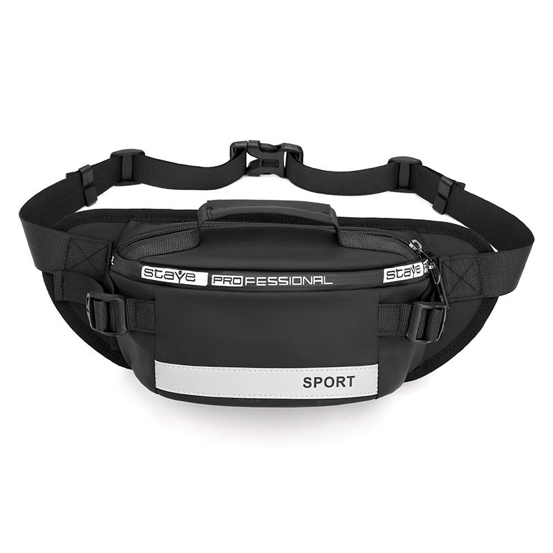 Front view of blue reflective fanny pack labeled "SPORT" – water-resistant running belt with modern design