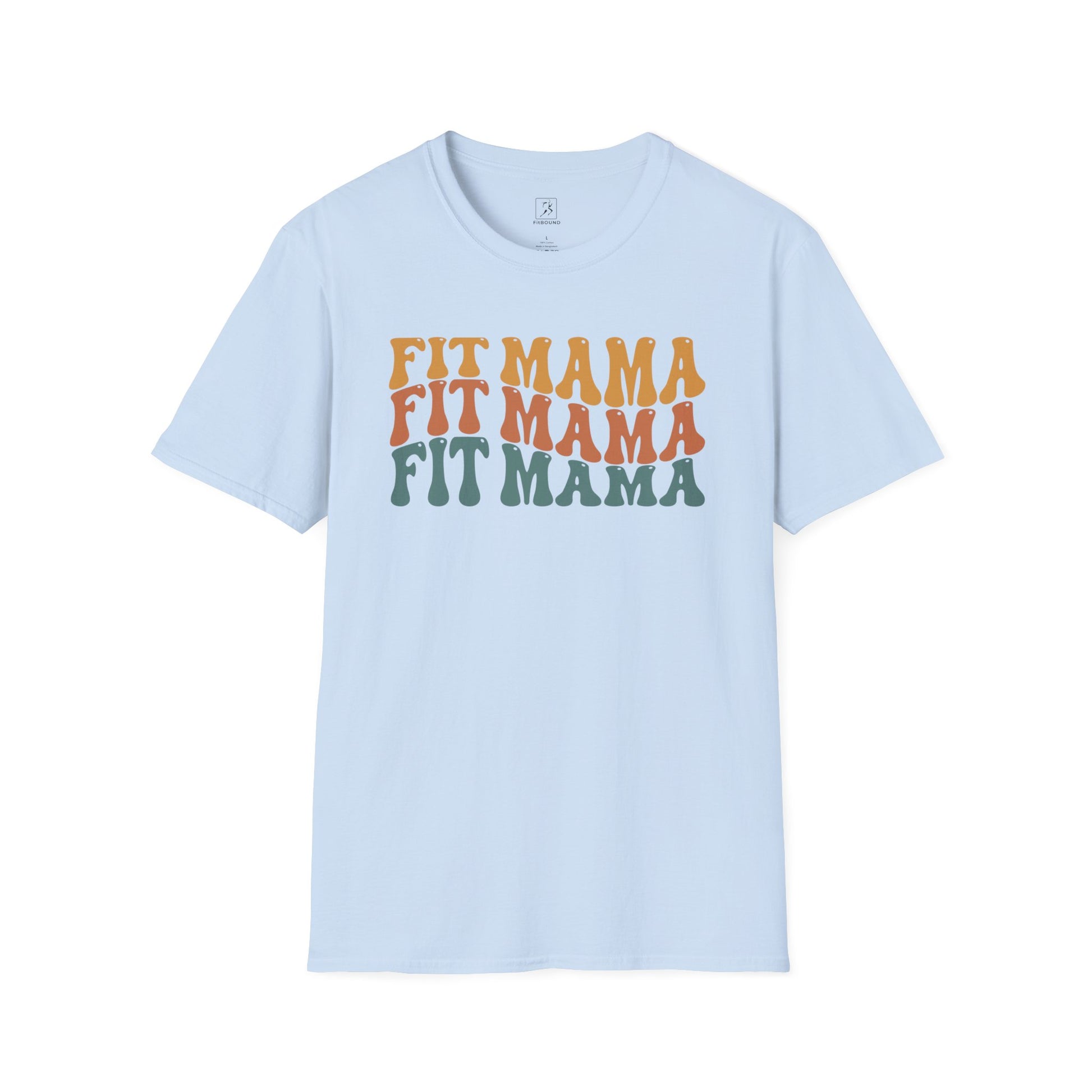Flat lay of light blue Fit Mama t-shirt – motivational shirt for active moms.