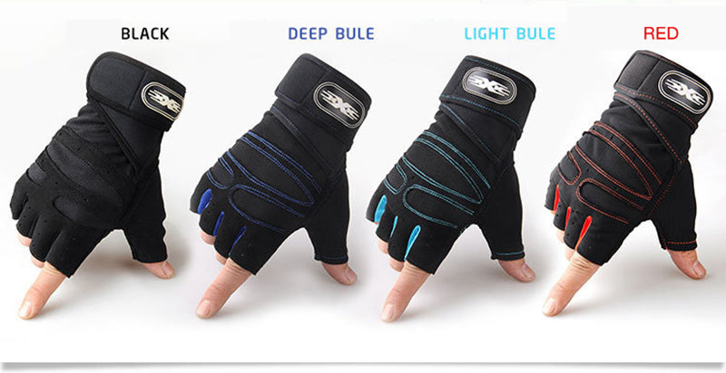 four pairs of black gym gloves with red stitching – half finger design for grip and ventilation