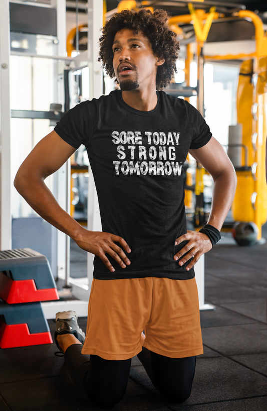 Athlete wearing black "Sore Today Strong Tomorrow" gym t-shirt – fitness model workout wear