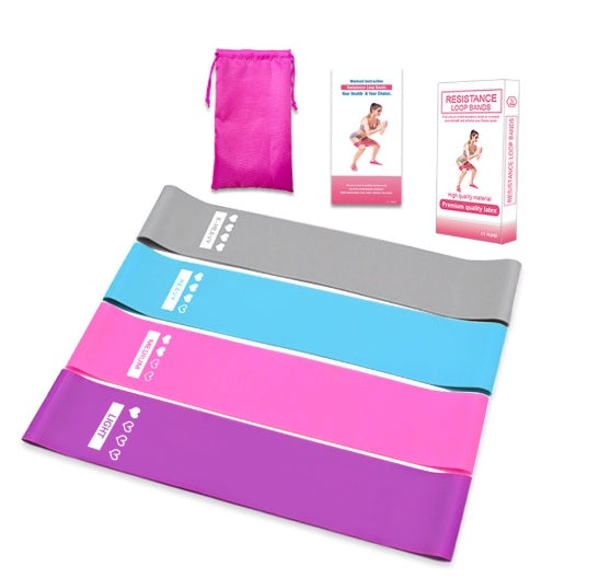 Complete resistance band set with pink, purple, and blue bands – includes carry bag and workout guide