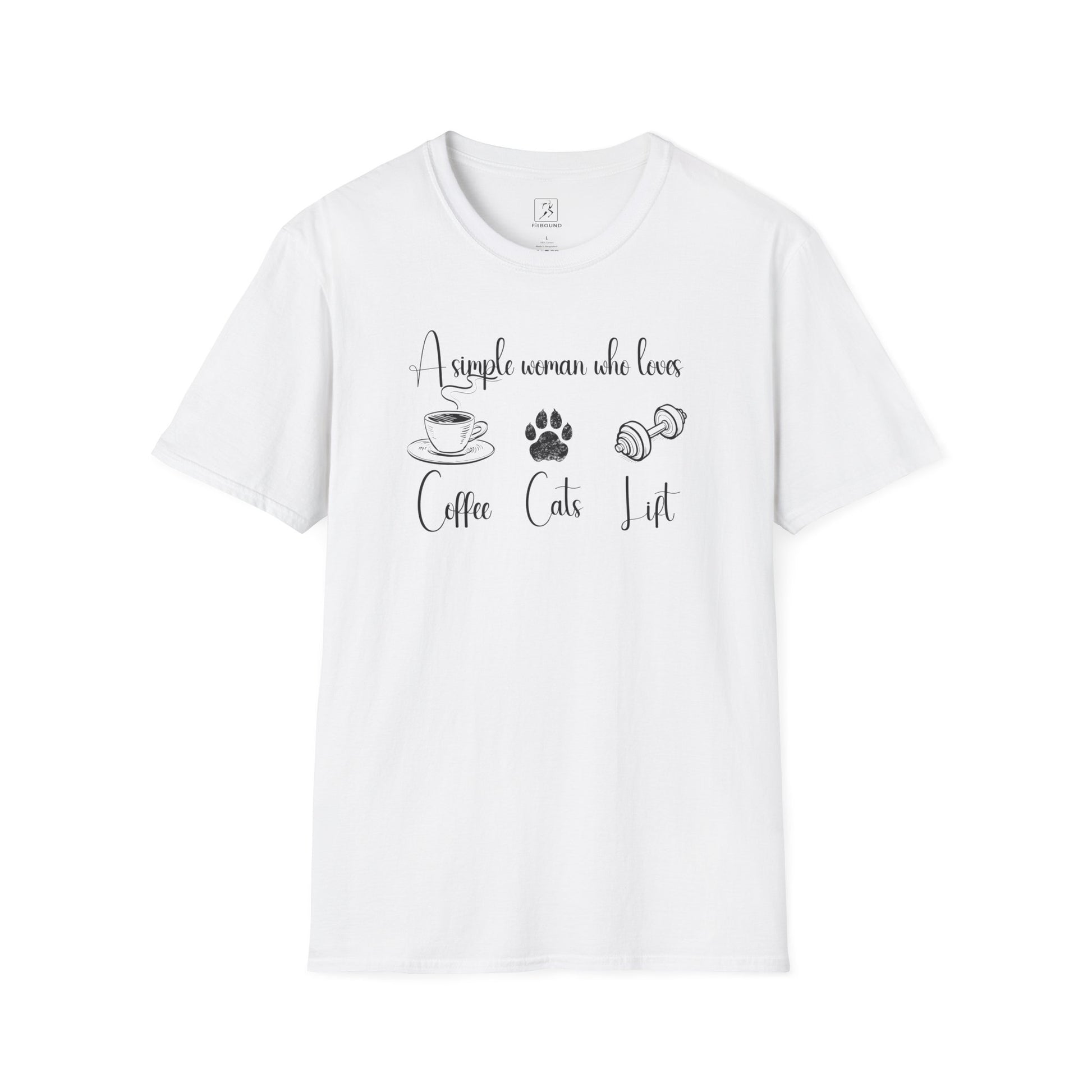 White unisex T-shirt with “A simple woman who loves coffee, cats, lift” printed – clean product shot for fitness and cat lovers