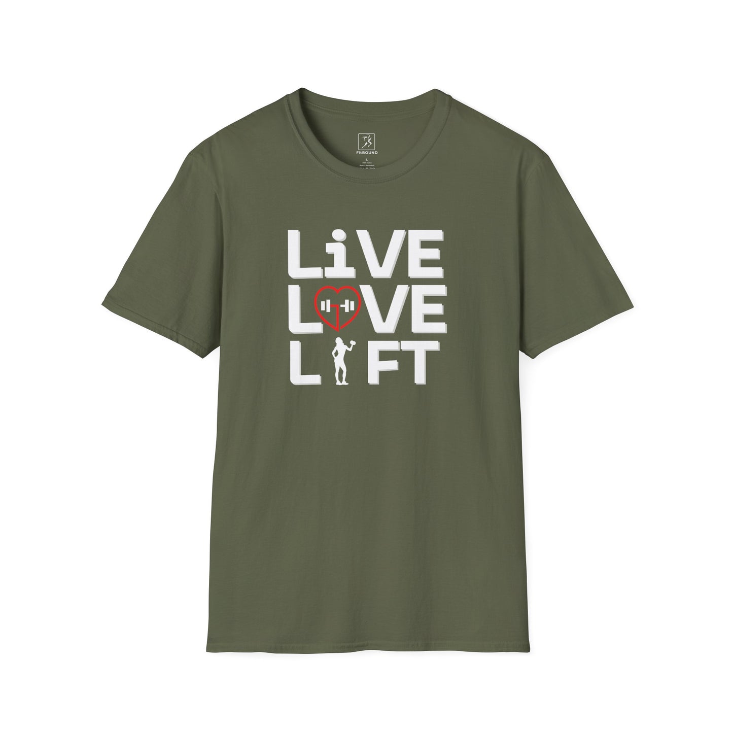 Green fitness t-shirt with black "Live Love Lift" text – activewear for lifters and gym fans
