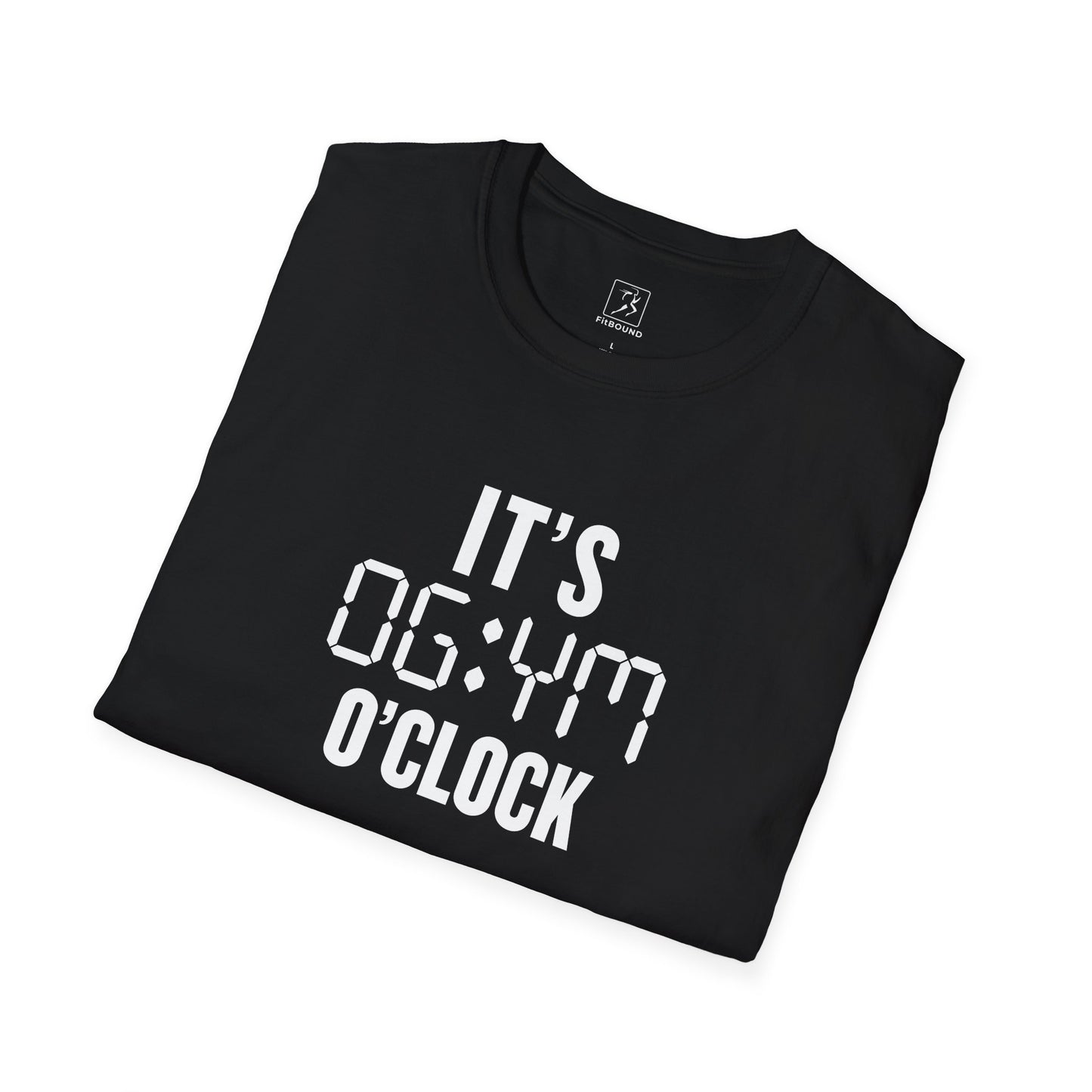 Black gym t-shirt with bold digital font design reading “It’s Gym O’Clock” – funny workout tee