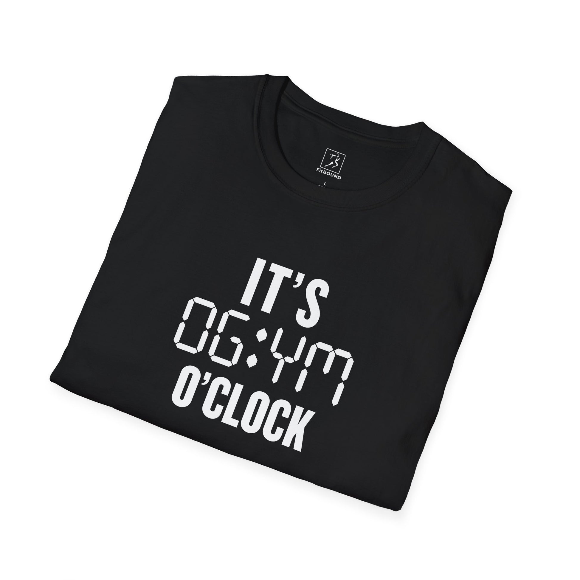 Black gym t-shirt with bold digital font design reading “It’s Gym O’Clock” – funny workout tee