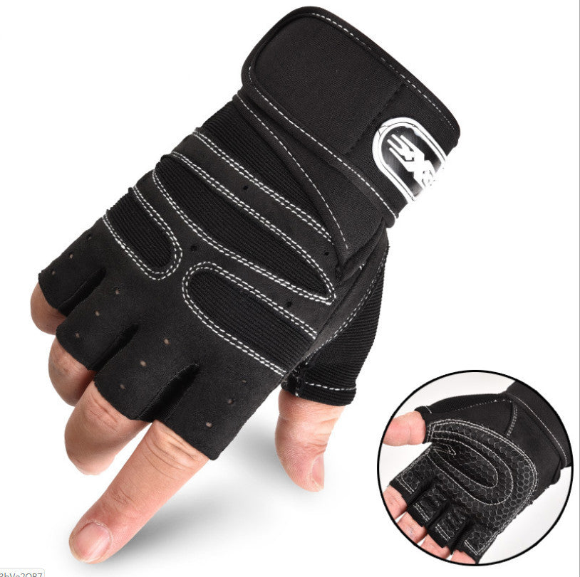 Both hands wearing black gym gloves with red stitching – half finger design for grip and ventilation