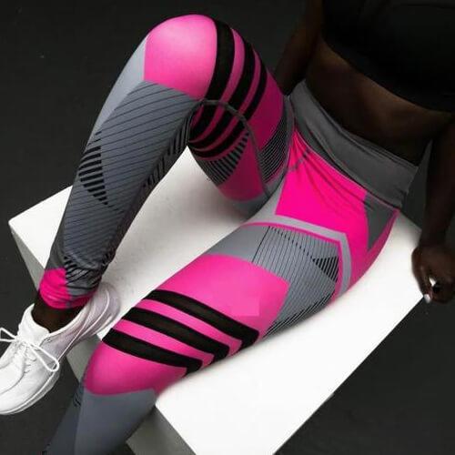 Pink and black striped fitness leggings – bold and breathable design for women’s activewear