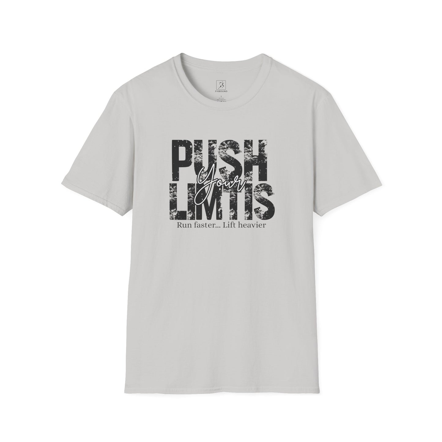 Heather gray “Push Your Limits” shirt – minimalist gym tee with motivational print