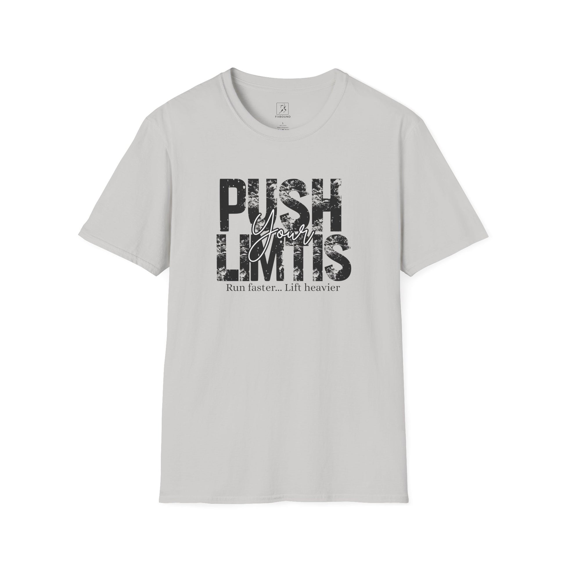 Heather gray “Push Your Limits” shirt – minimalist gym tee with motivational print