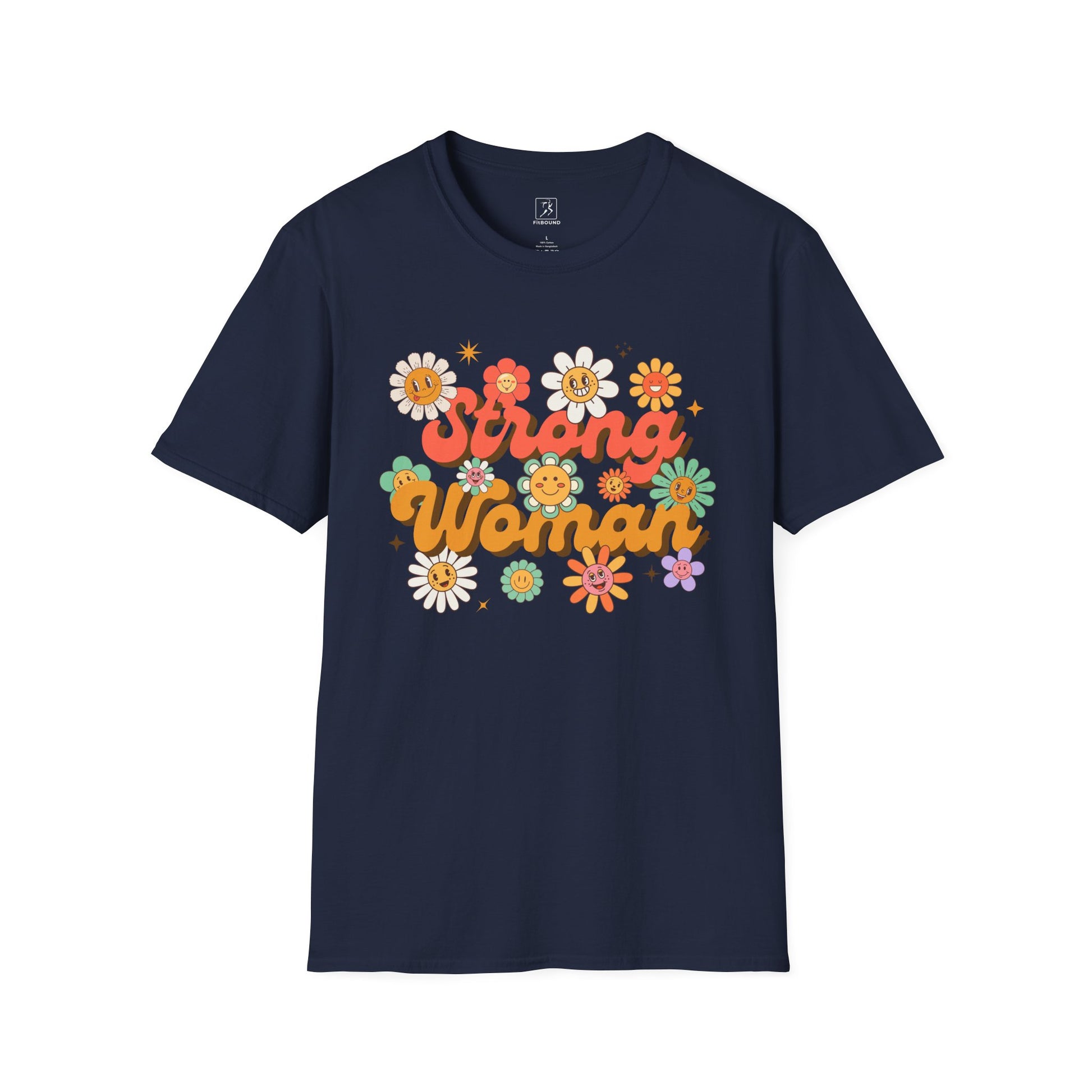 Navy Strong Woman T-shirt – retro floral empowerment shirt for confident women