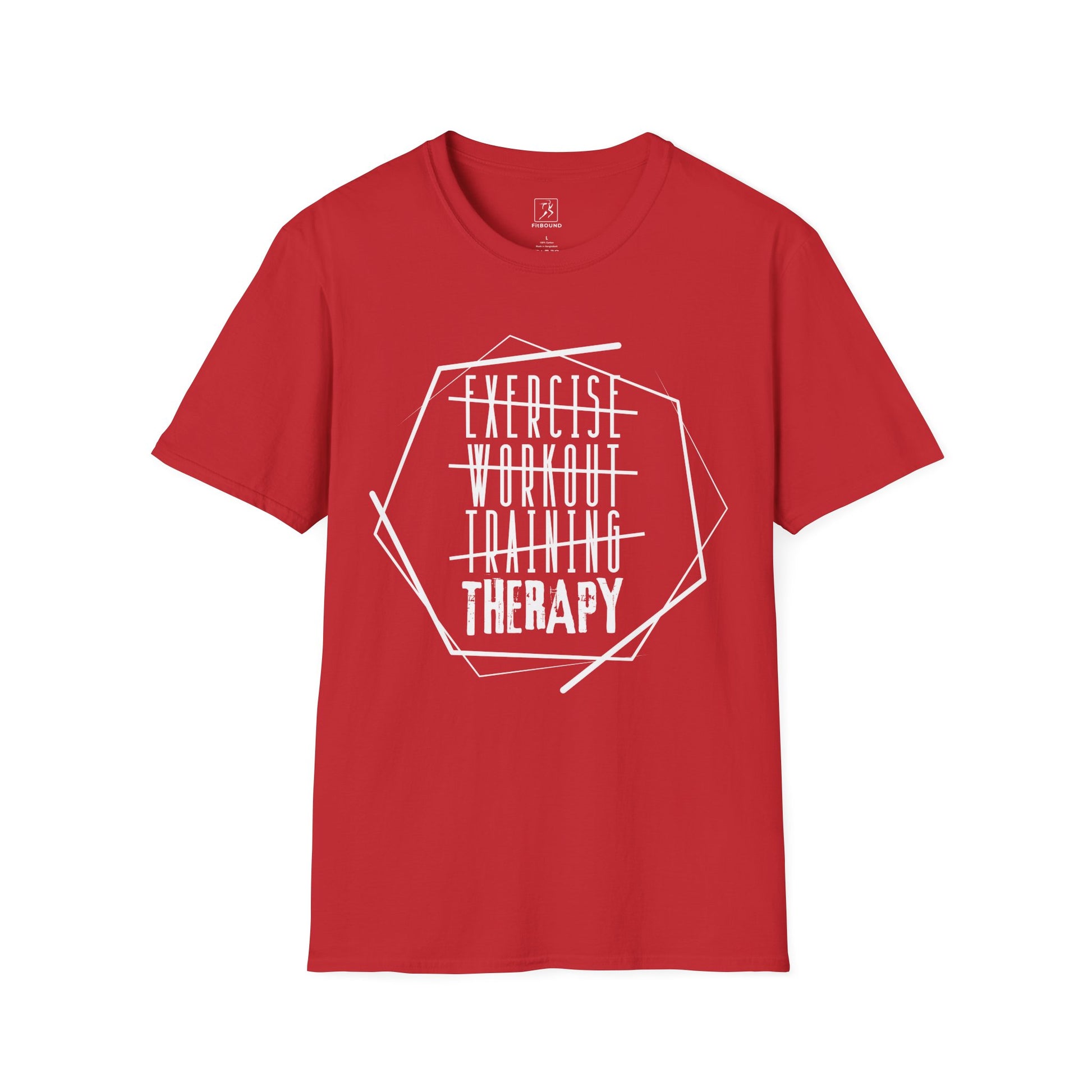 Red “Exercise Therapy” tee – eye-catching fitness and mental health support shirt