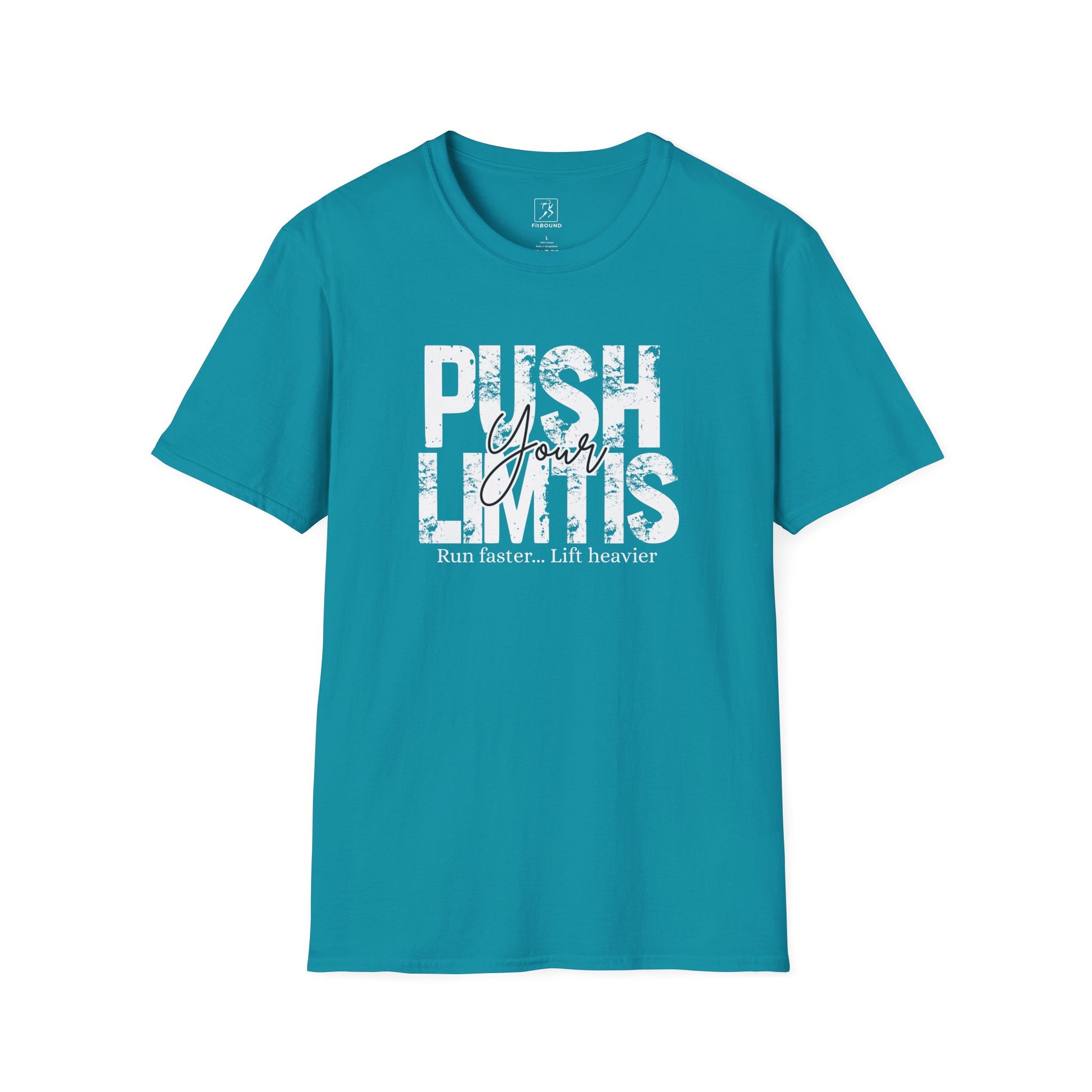 Turquoise “Push Your Limits” shirt – colorful fitness tee for bold and active lifestyles