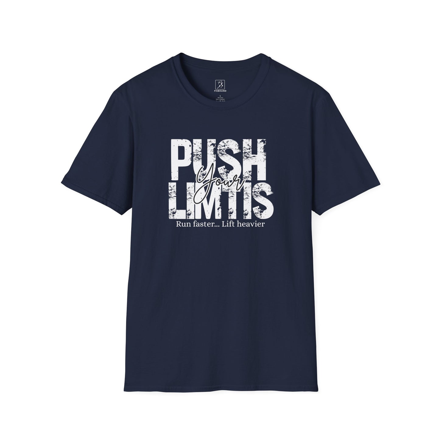 Navy blue gym shirt with distressed “Push Your Limits” print – FitBOUND motivational apparel