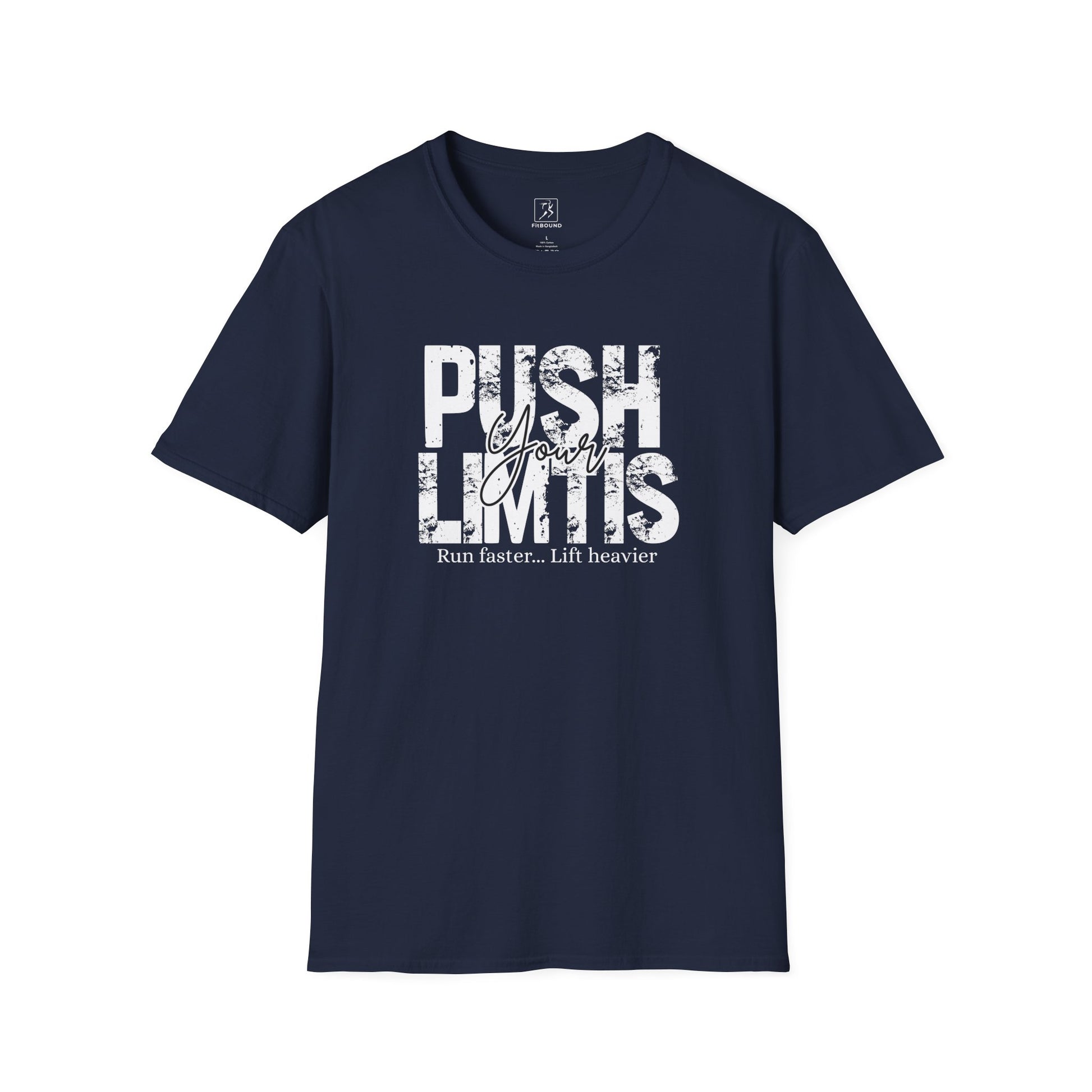 Navy blue gym shirt with distressed “Push Your Limits” print – FitBOUND motivational apparel