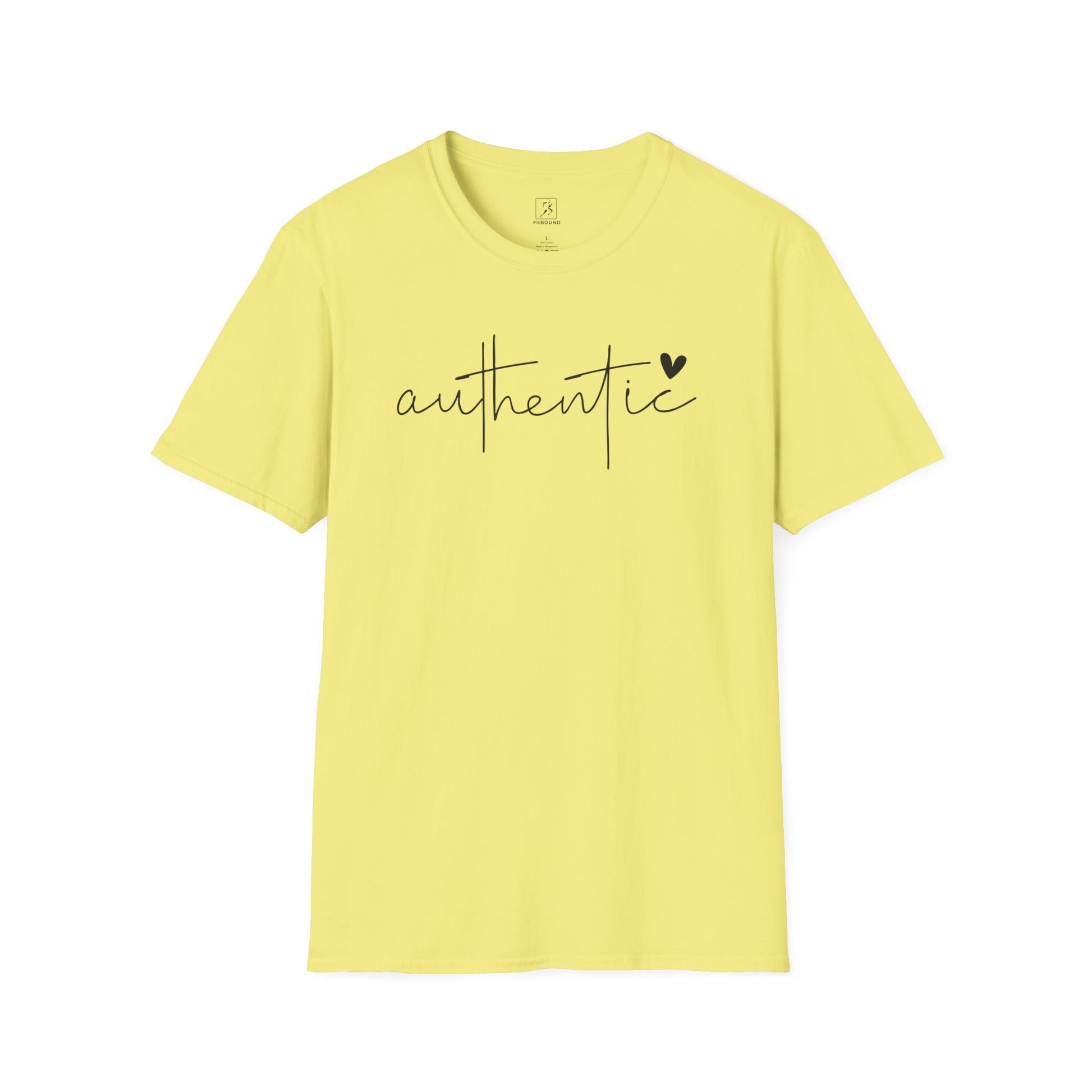 Yellow Authentic T-Shirt flat lay – positive message unisex tee with handwritten design