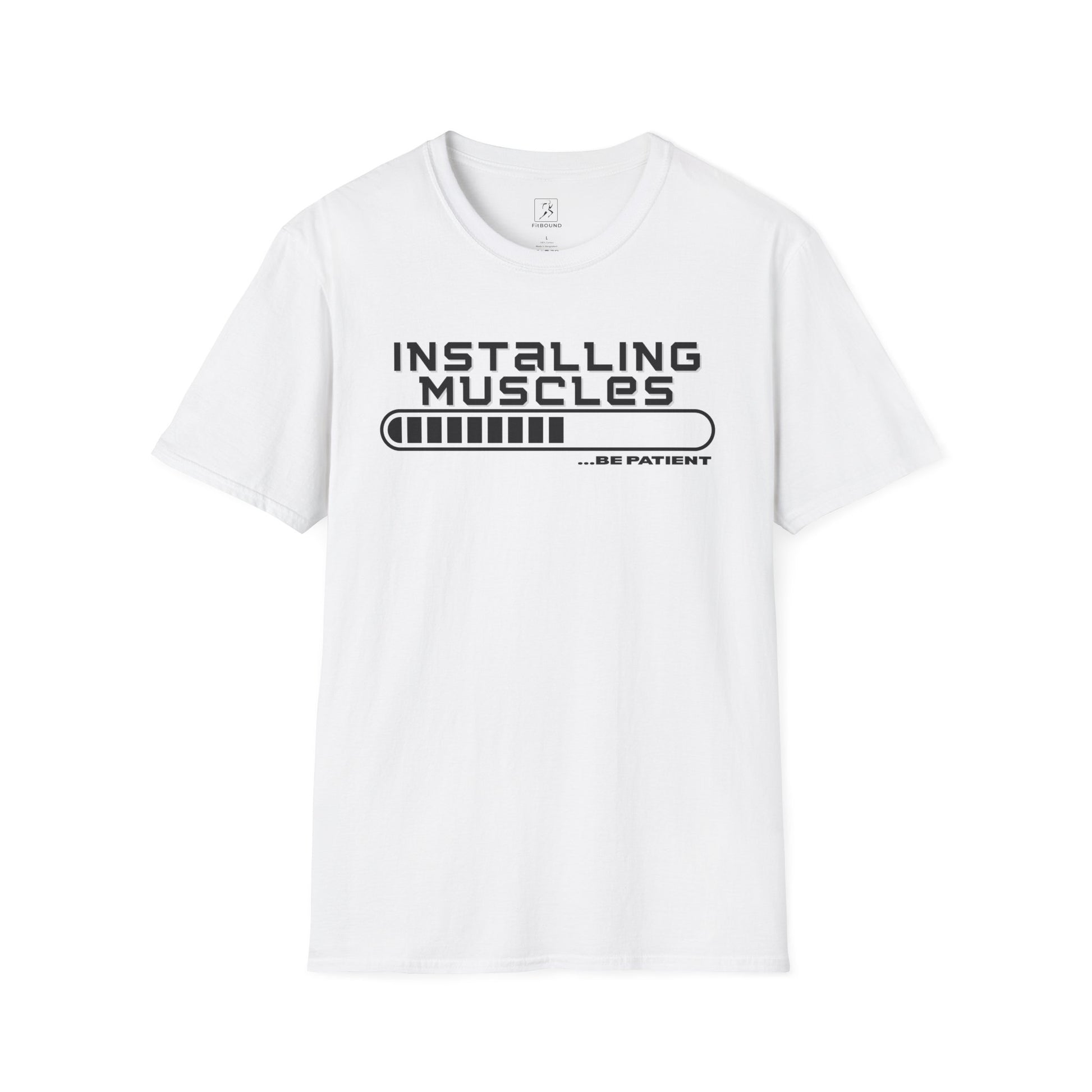 Unisex white t-shirt with bold loading bar design – perfect for gym lovers and training days