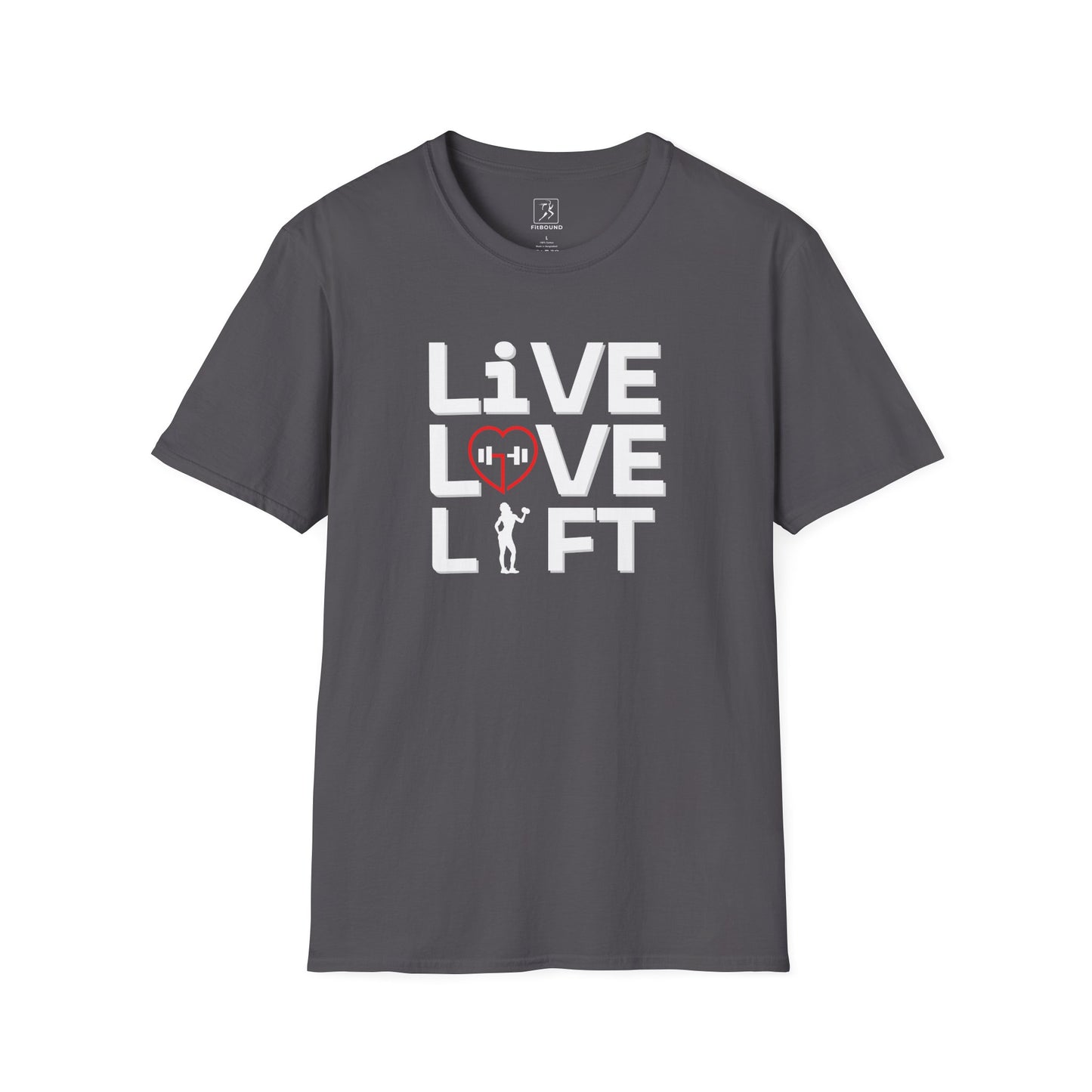 Charcoal gray "Live Love Lift" motivational t-shirt – comfortable and durable gymwear