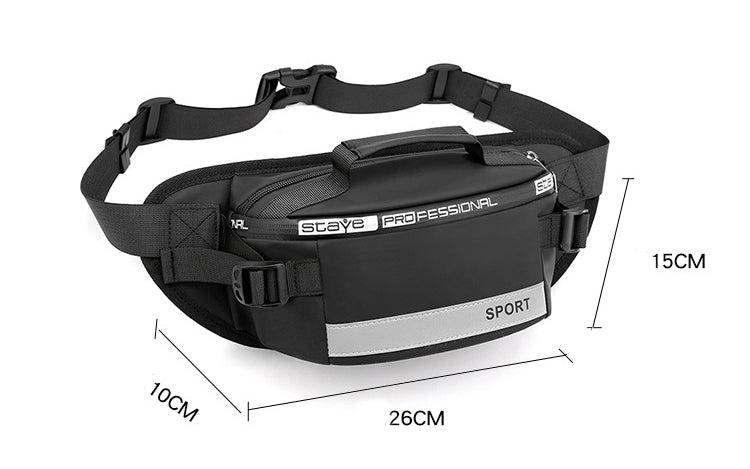 Close-up of reflective waist bag with buckle and compartments – waterproof design for secure storage while running