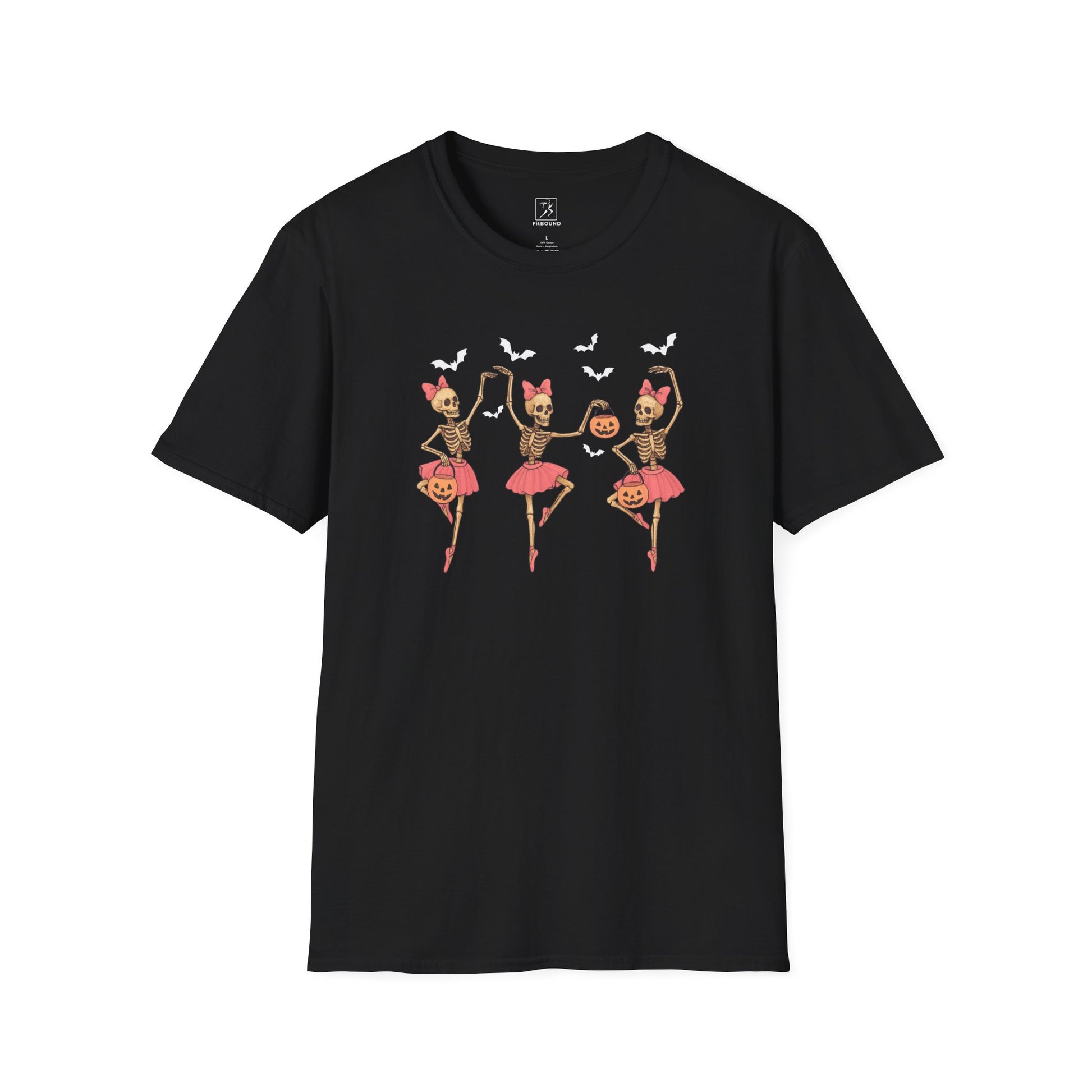 Black Halloween Skeleton Ballerina T Shirt with skeleton dancers and pumpkins