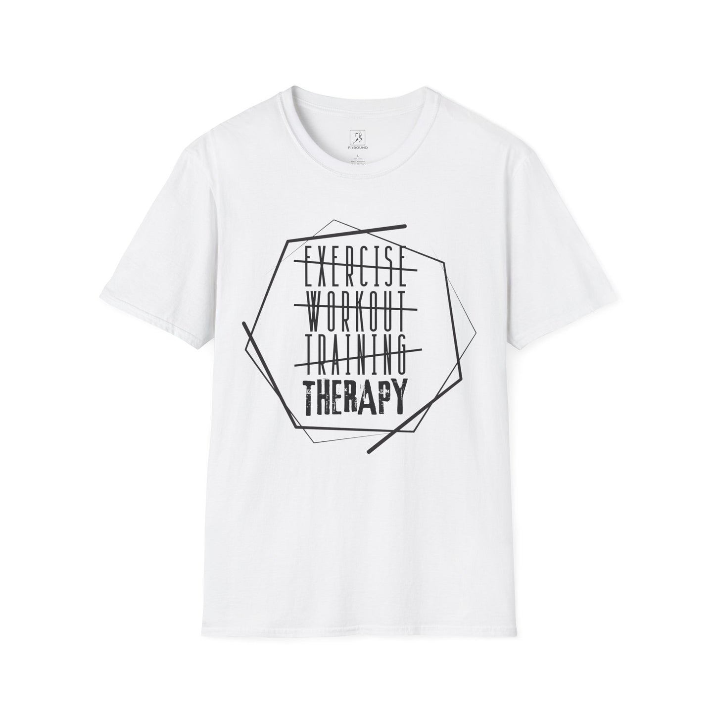 White “Exercise Therapy” t-shirt – bold graphic design for gym and training
