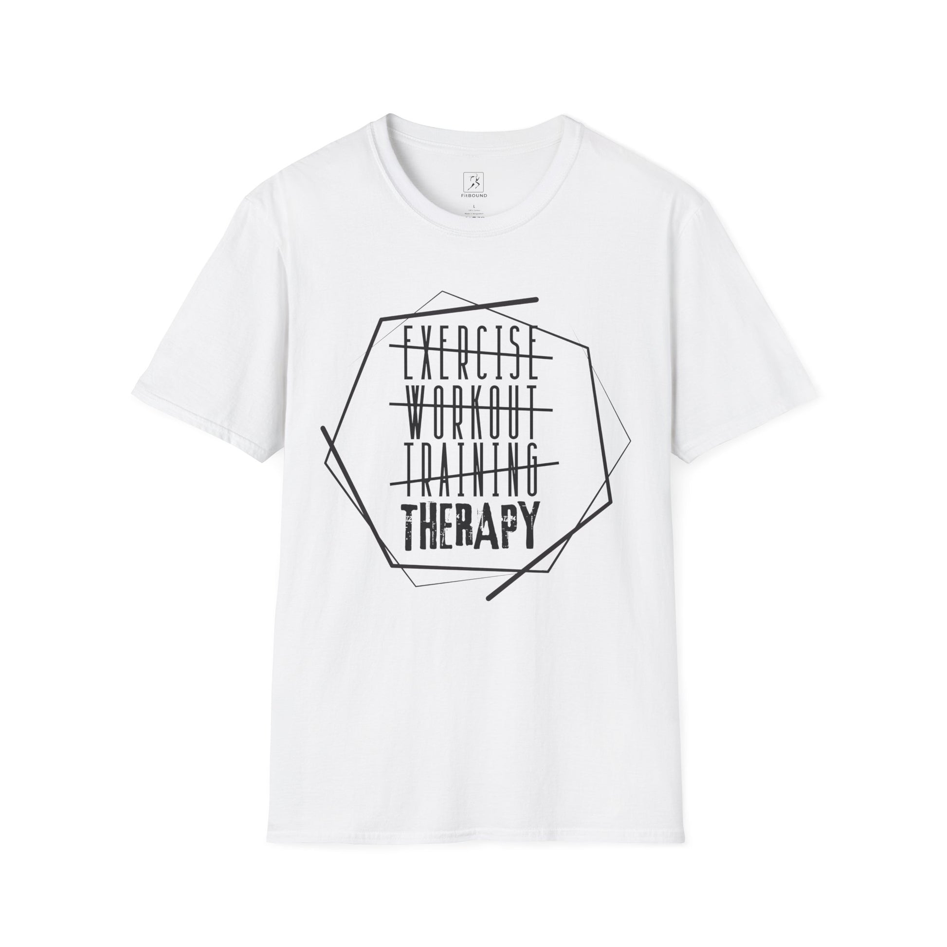 White “Exercise Therapy” t-shirt – bold graphic design for gym and training