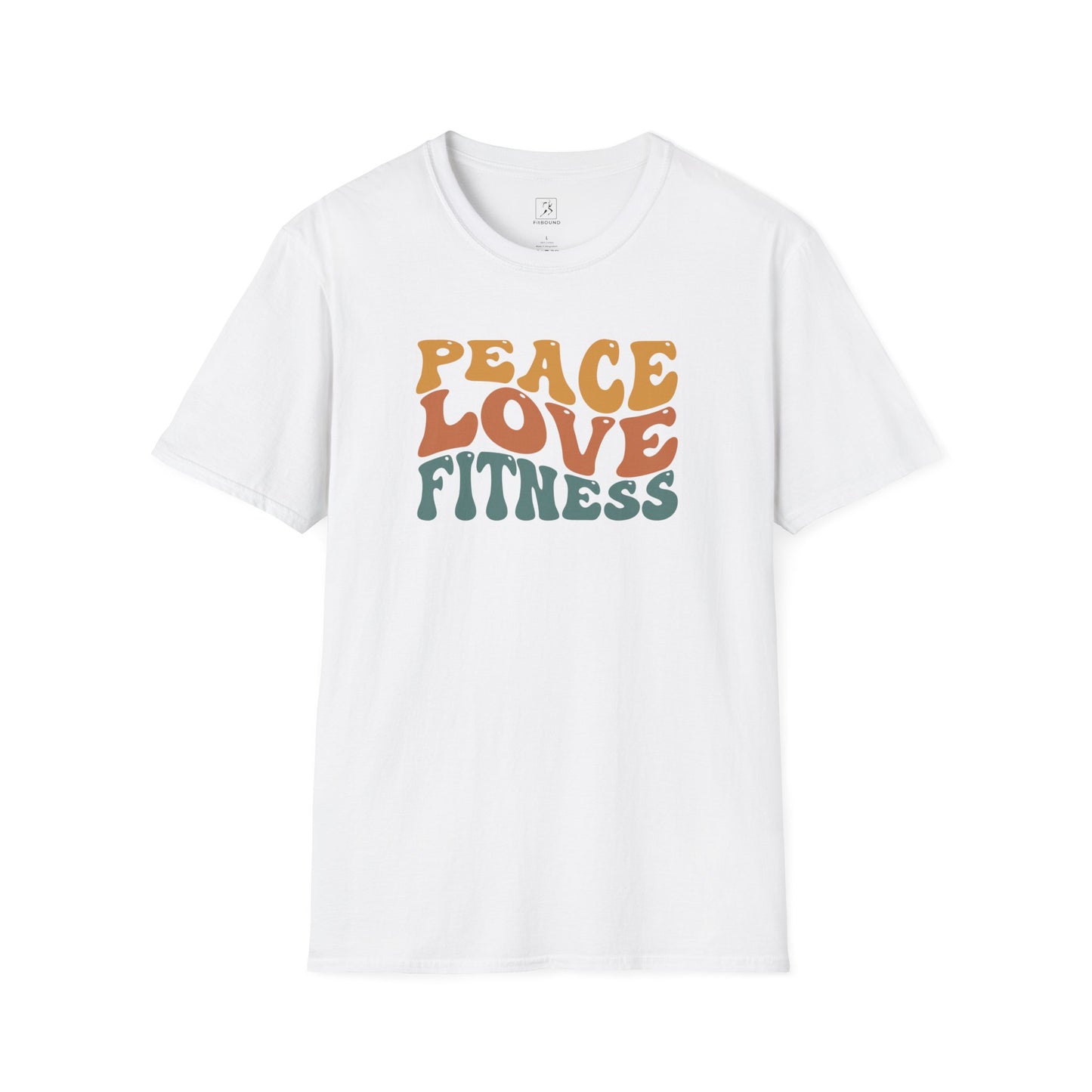 Flat lay white Peace Love Fitness graphic tee – retro fitness shirt.
