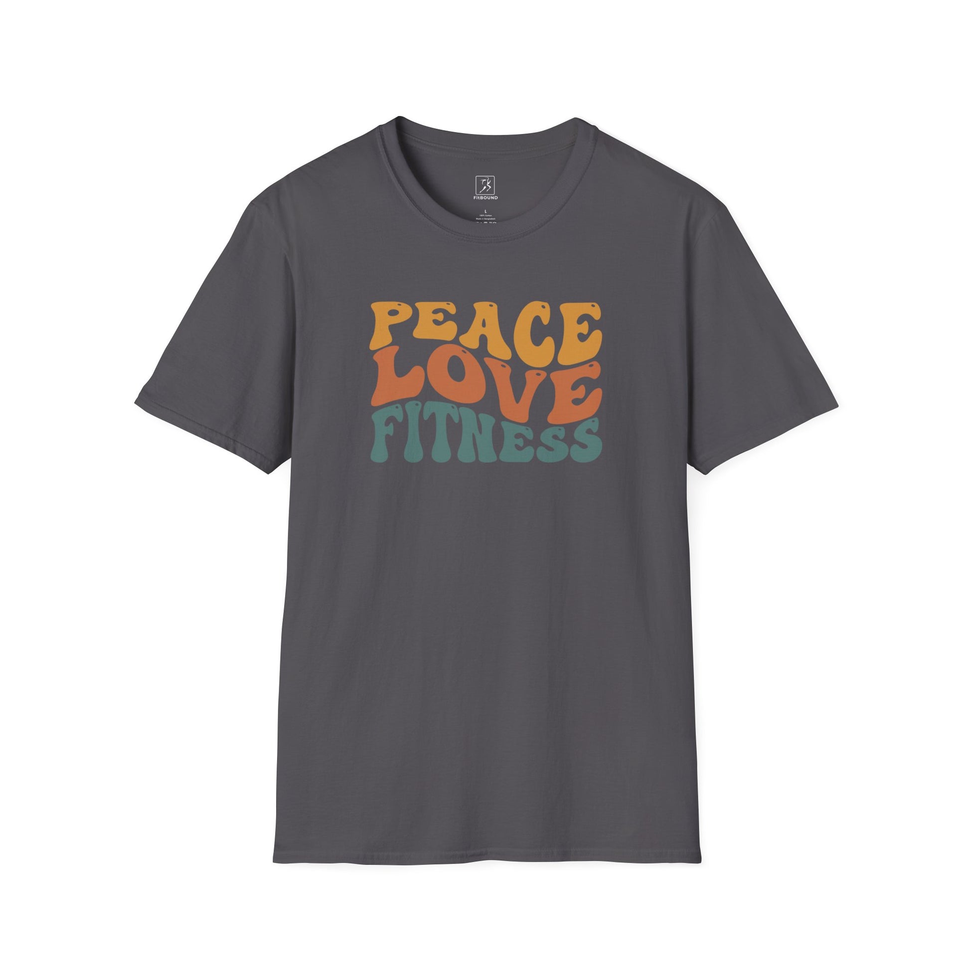Dark gray Peace Love Fitness T-Shirt – unisex retro workout tee.