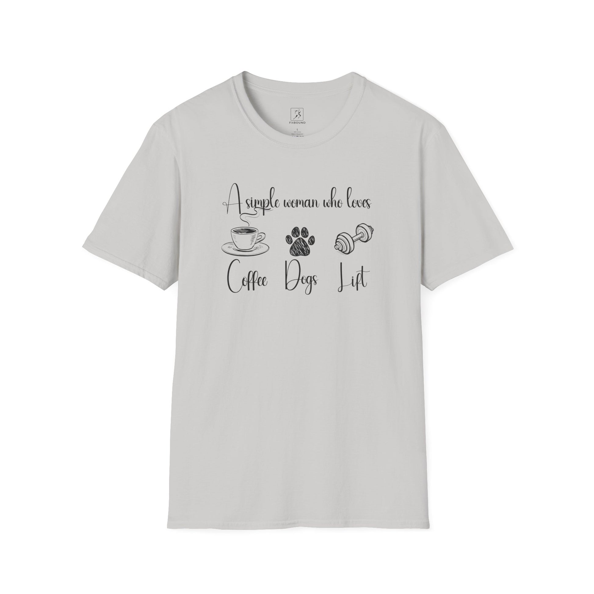 Light gray gym t-shirt with coffee, dog, and lifting theme – unisex fit, perfect for active dog moms