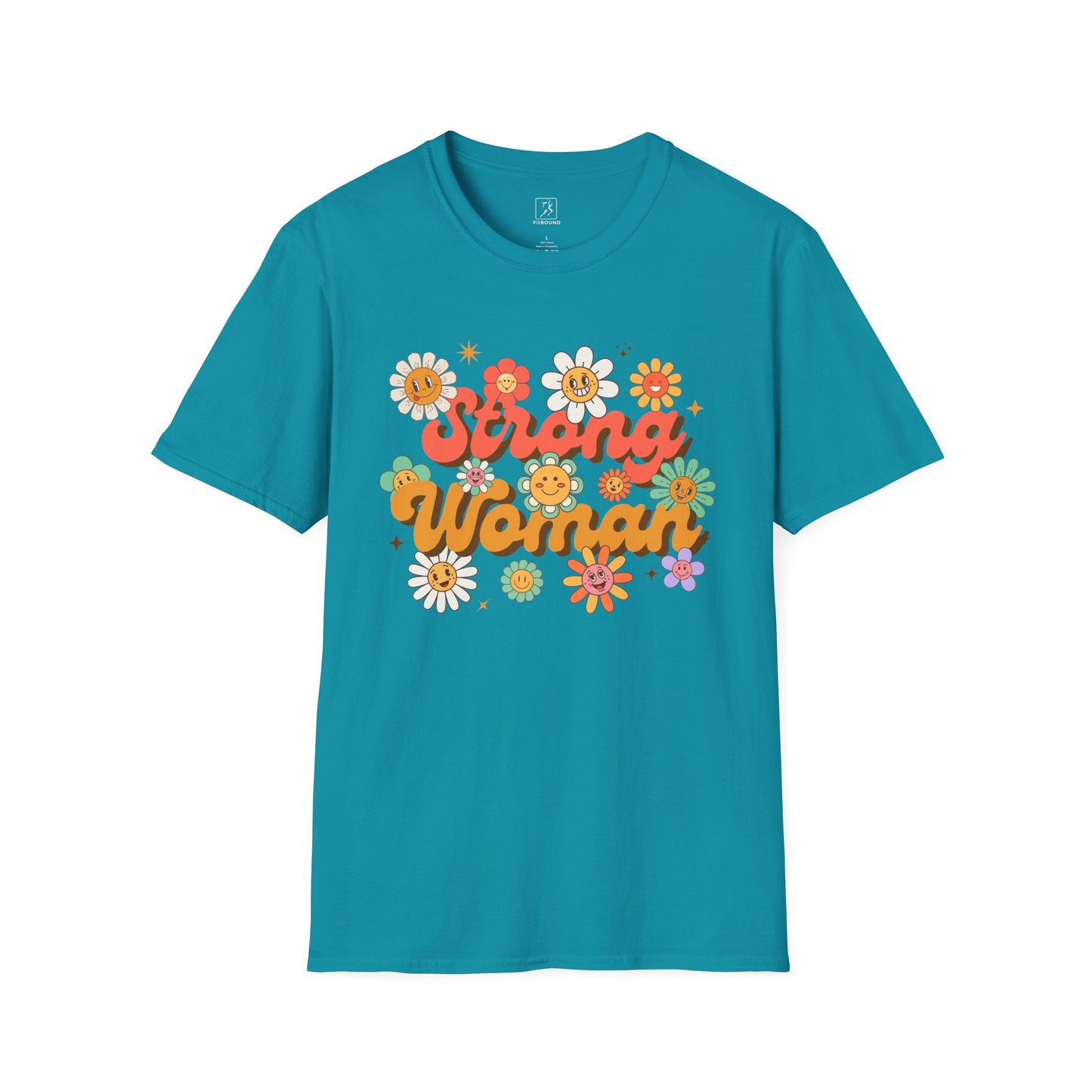 Teal Strong Woman T-shirt – retro floral empowerment shirt for women
