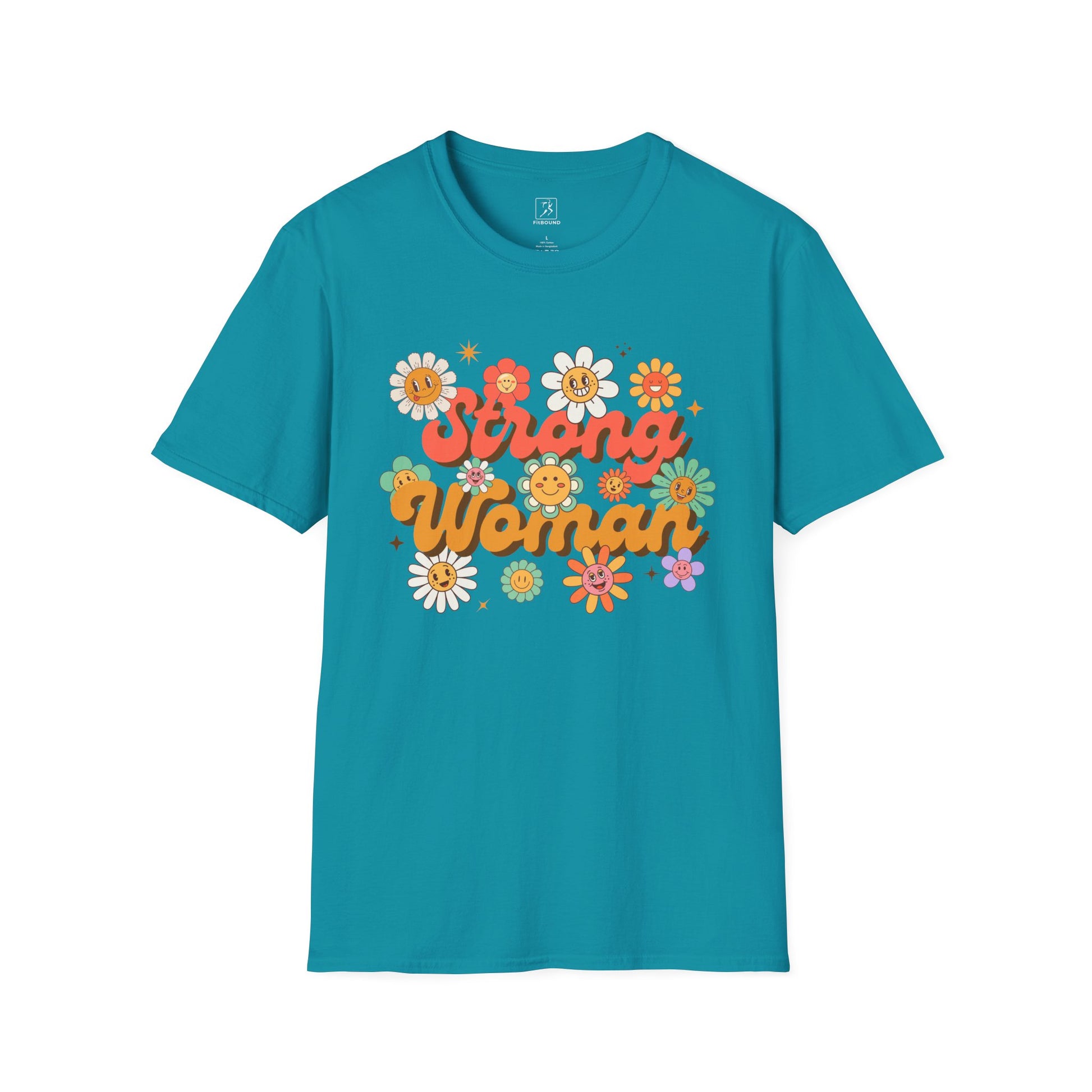 Teal Strong Woman T-shirt – retro floral empowerment shirt for women