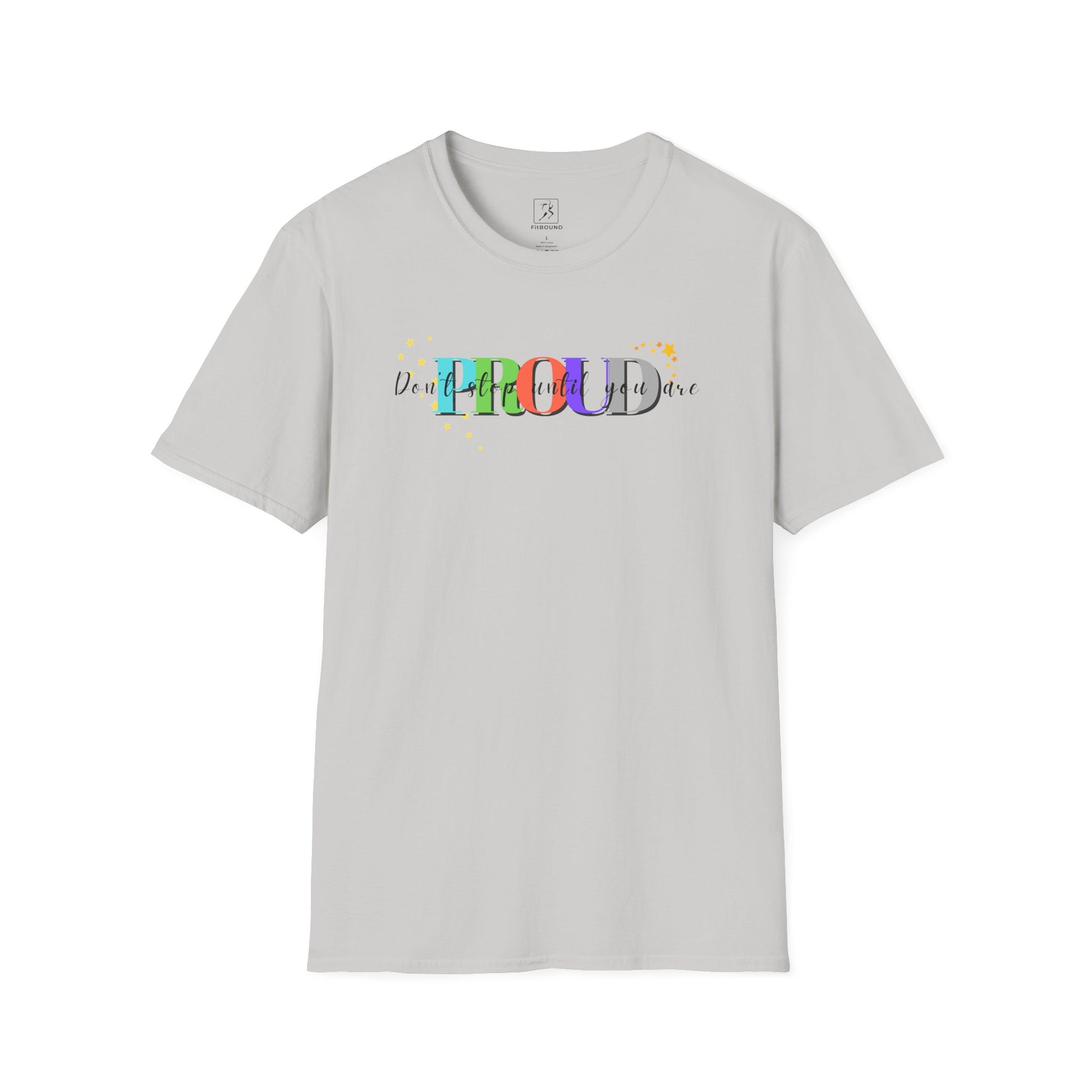 Light gray workout tee with "Train Until You're Proud" quote – great for gym sessions or casual wear