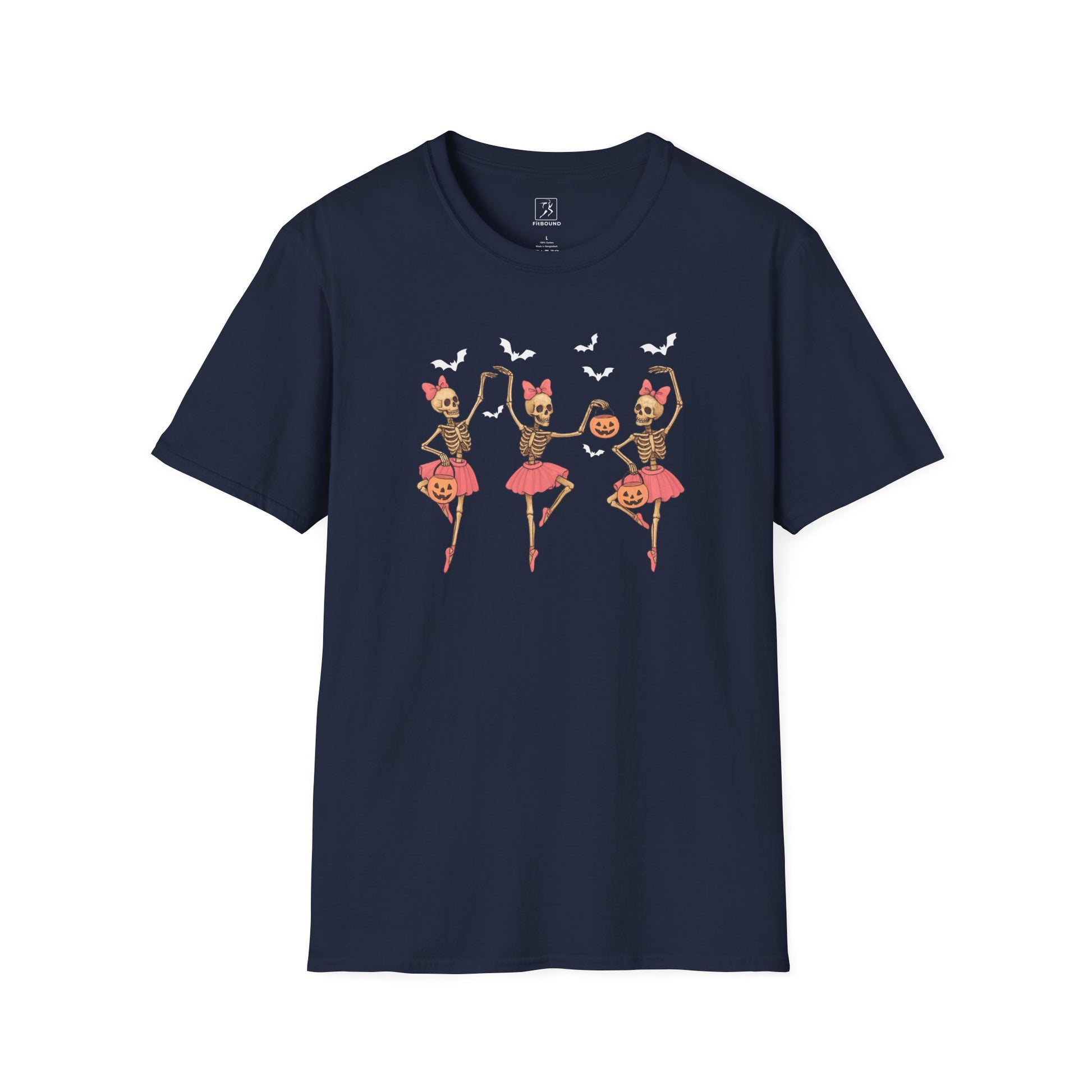 Navy Skeleton Ballerina Halloween T Shirt with dancing skeleton design